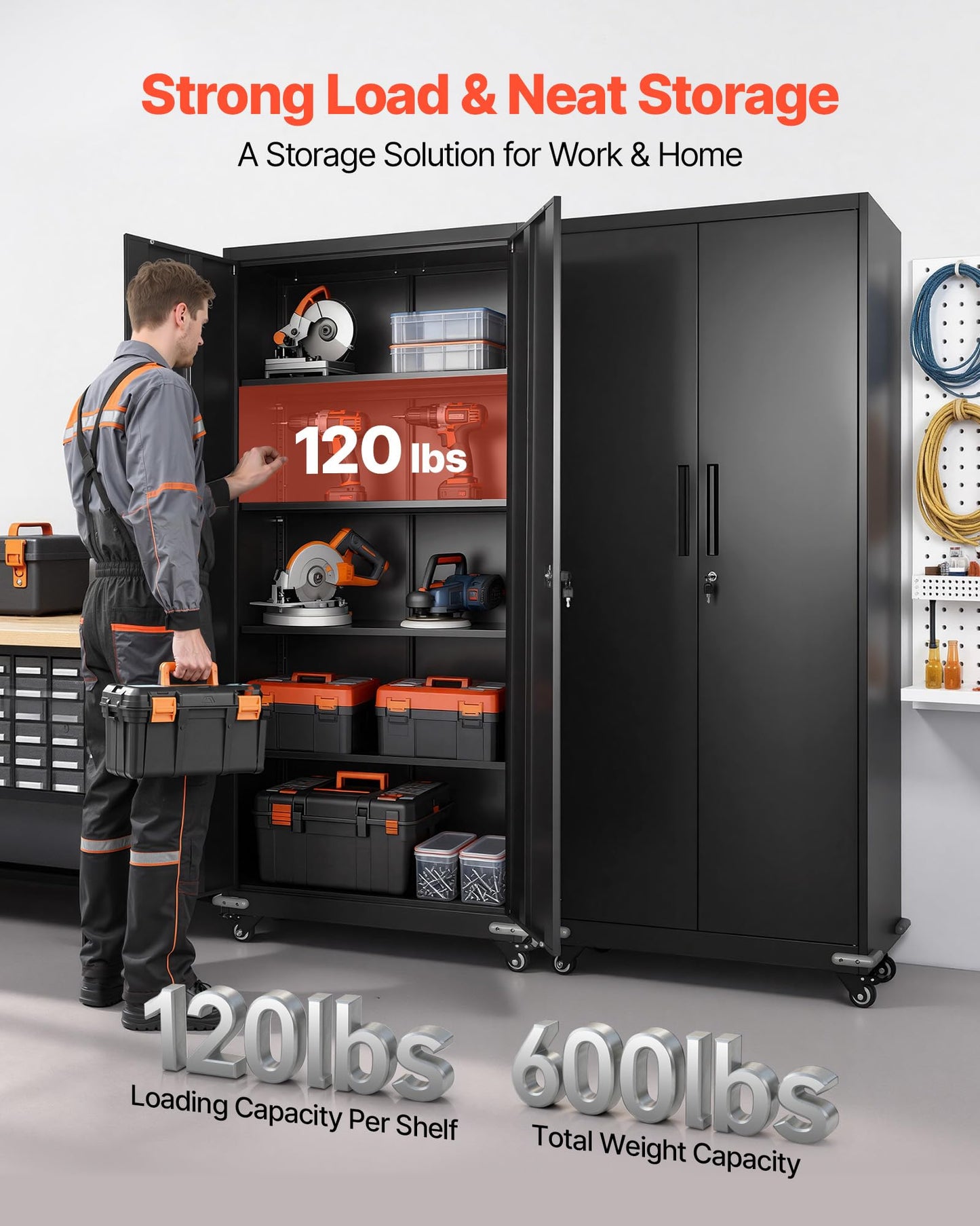 VEVOR Metal Storage Cabinet, 72.6 in Rolling Steel Garage Cabinet with 4 Adjustable Shelves, 2 Magnetic Doors & 2 Keys, 5 Tiers Lockable Tool Storage for Pantry, Warehouse, Basement, Office, Black