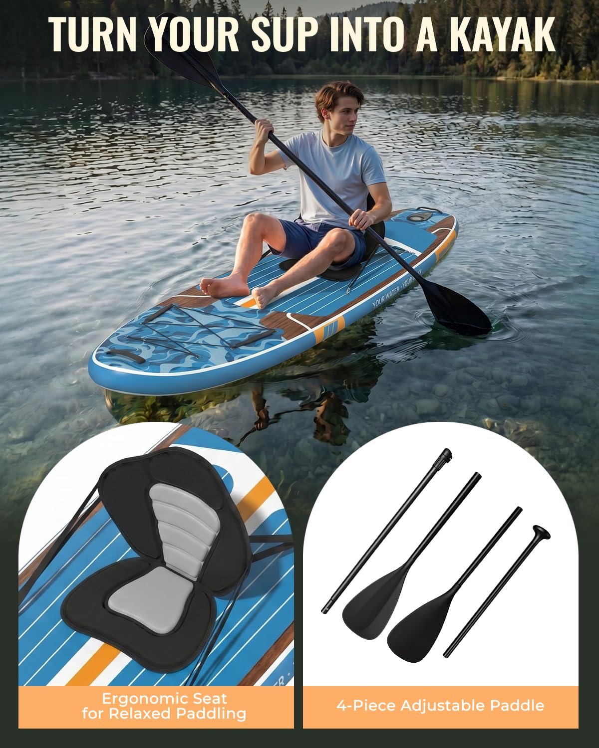 Marsdorgan 11ft Inflatable Stand Up Paddle Board with Kayak Seat, Wood Grain Lightweight SUP, 430lbs Capacity for Water Sports Fishing Surfing, 2-3 Person Family, w/Pump & 10L Dry Bag, Walnut