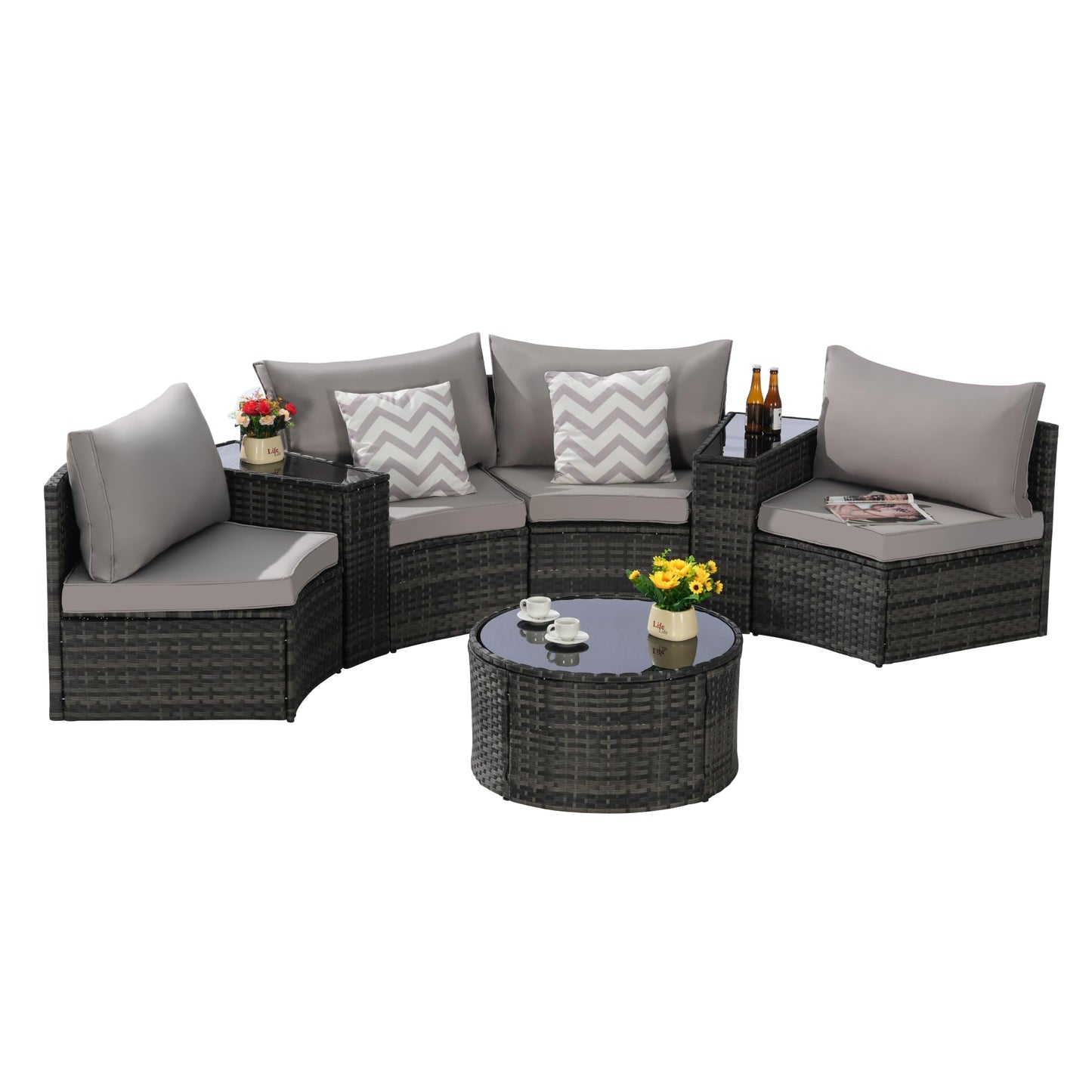 KEIKI Outdoor Patio Furniture 7-Piece Half-Moon Curved Sectional Sofa Set, All-Weather Wicker Patio Conversation Set with Round Coffee Table and 2 Storage Armrests for Poolside Backyard, Light Gray