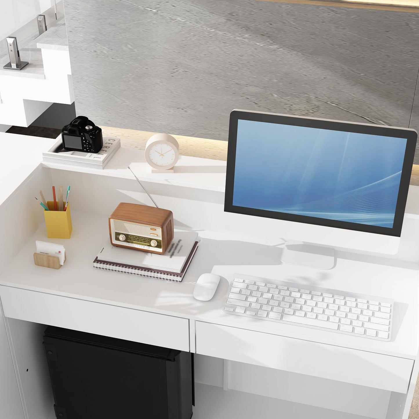AIEGLE Reception Desk with Counter, 70.9" W Modern Retail Checkout Counter w/Drawers & Open Shelves, L-Shaped White Front Desk Reception Table with Storage Cabinet for Salon, Lobby, Office