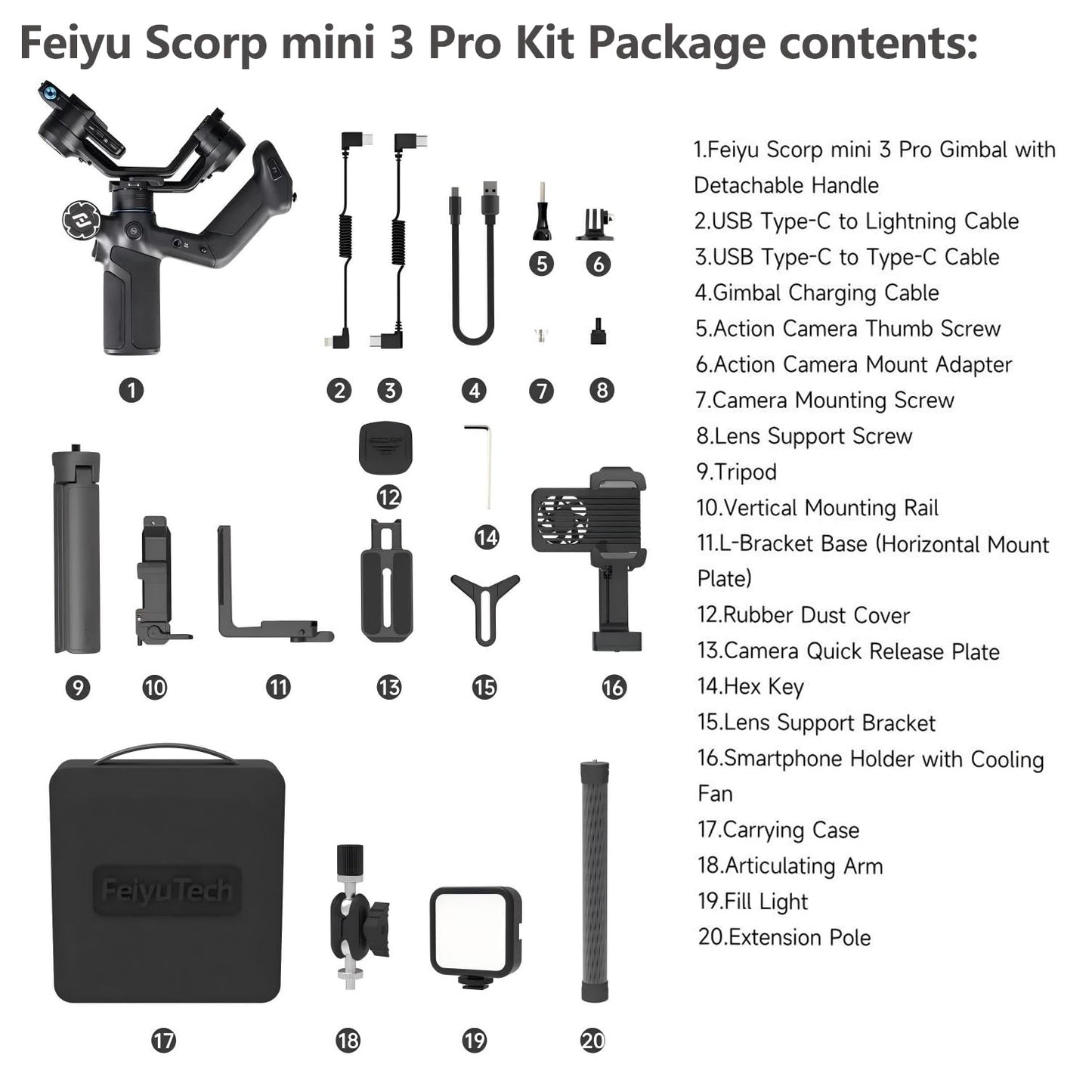 FeiyuTech SCORP Mini 3 Pro Camera Gimbal Kit w/AI Tracking 4.0, Detachable Touchscreen Handle, 4.4lb Payload, Gimbal Stabilizer for Mirrorless Cameras, Smartphone, Action Cam (Bag+Light+Pole Included)