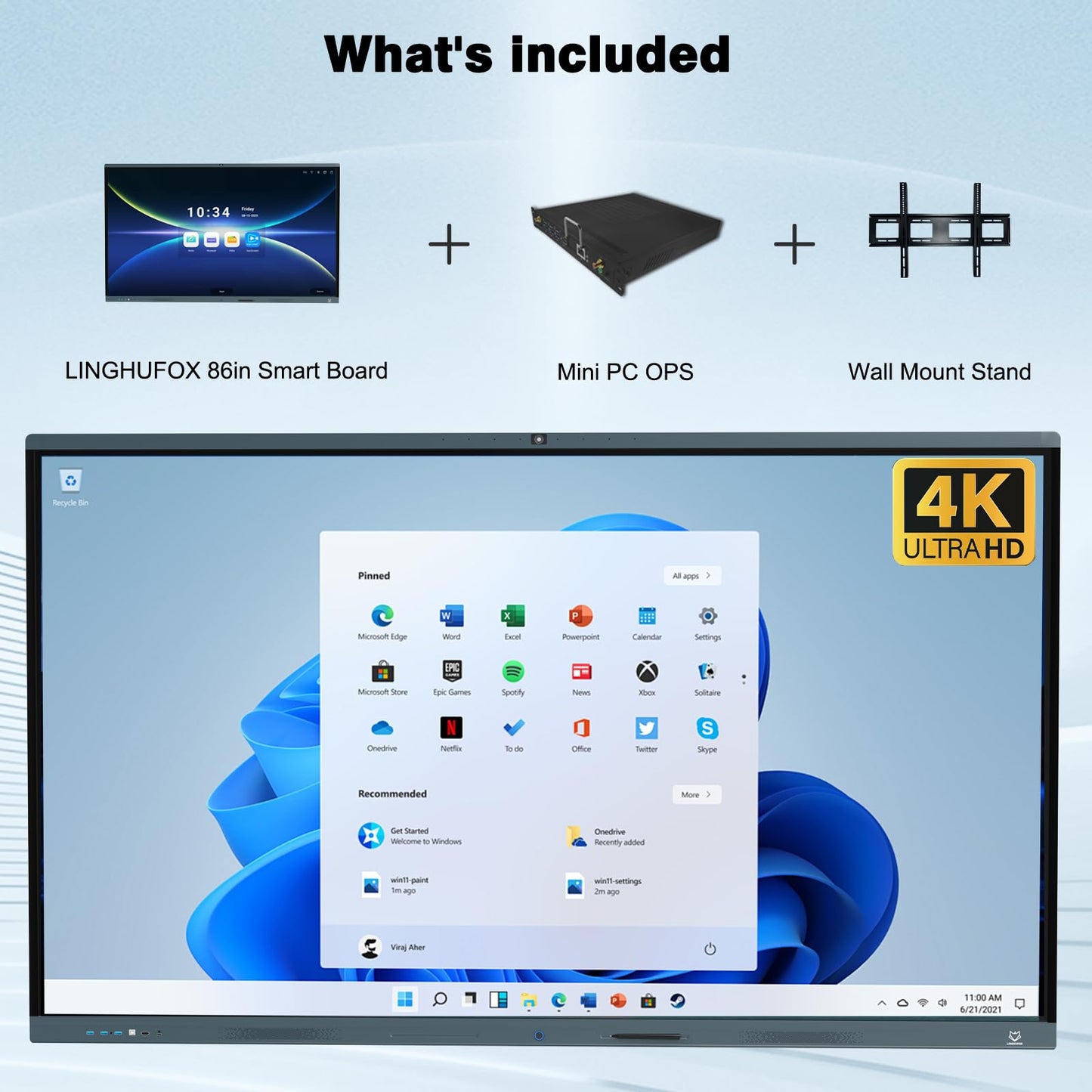LINGHUFOX 86" Smart Board, 4K UHD Interactive Whiteboard with Windows 11 Pro 13th 16+512G & Android 13, Built-in AI Camera and 8 Mics, All-in-One Computer Touchscreen Display for Office Classroom