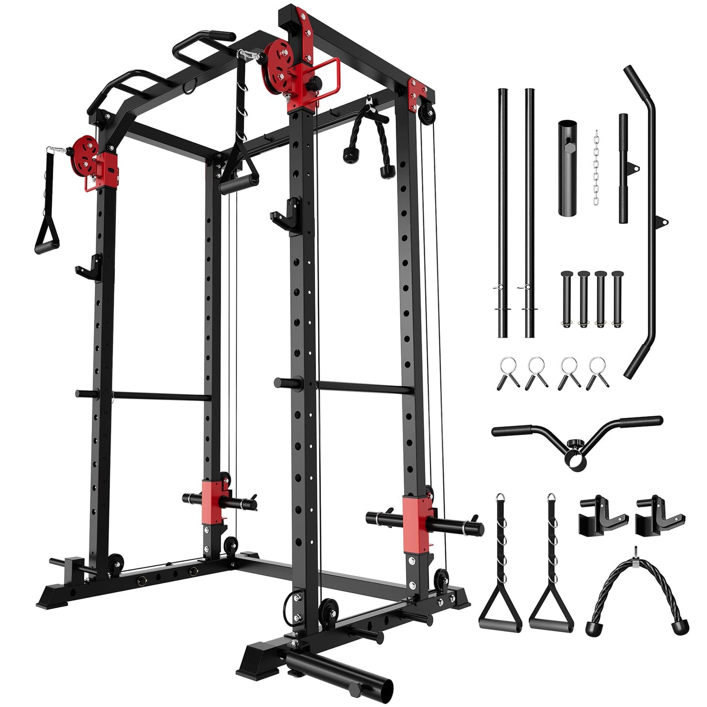 GarveeLife Power Cage with Dual Pulley System, 1600LB Multi-Function Squat Rack with Cable Crossover & LAT Pull Down, All-in-One Home Gym Strength Training Cage for Full Body Workout, Red Black