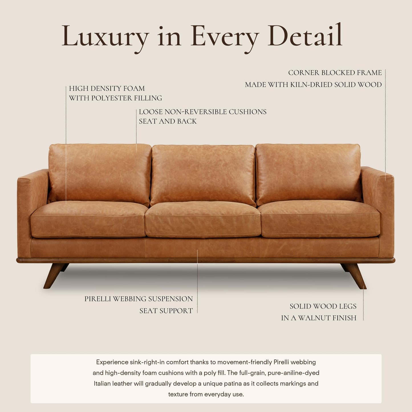 POLY & BARK Nolita 85” Leather Sofa – Full-Grain Italian Aniline Leather, Feather-Down Comfort, Solid Wood Base – Cognac Tan