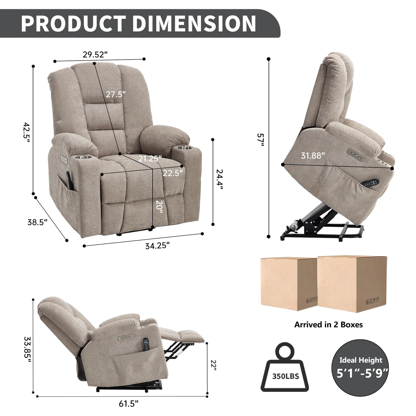 KEIKI Oversized Power Lift Recliner Chair with Heat & Massage, Reding Rocking Chair for Adults, High Seat Cozy Chenille Recliner with Side Pockets, USB Port, Cup Holders & Lumbar Support, Khaki