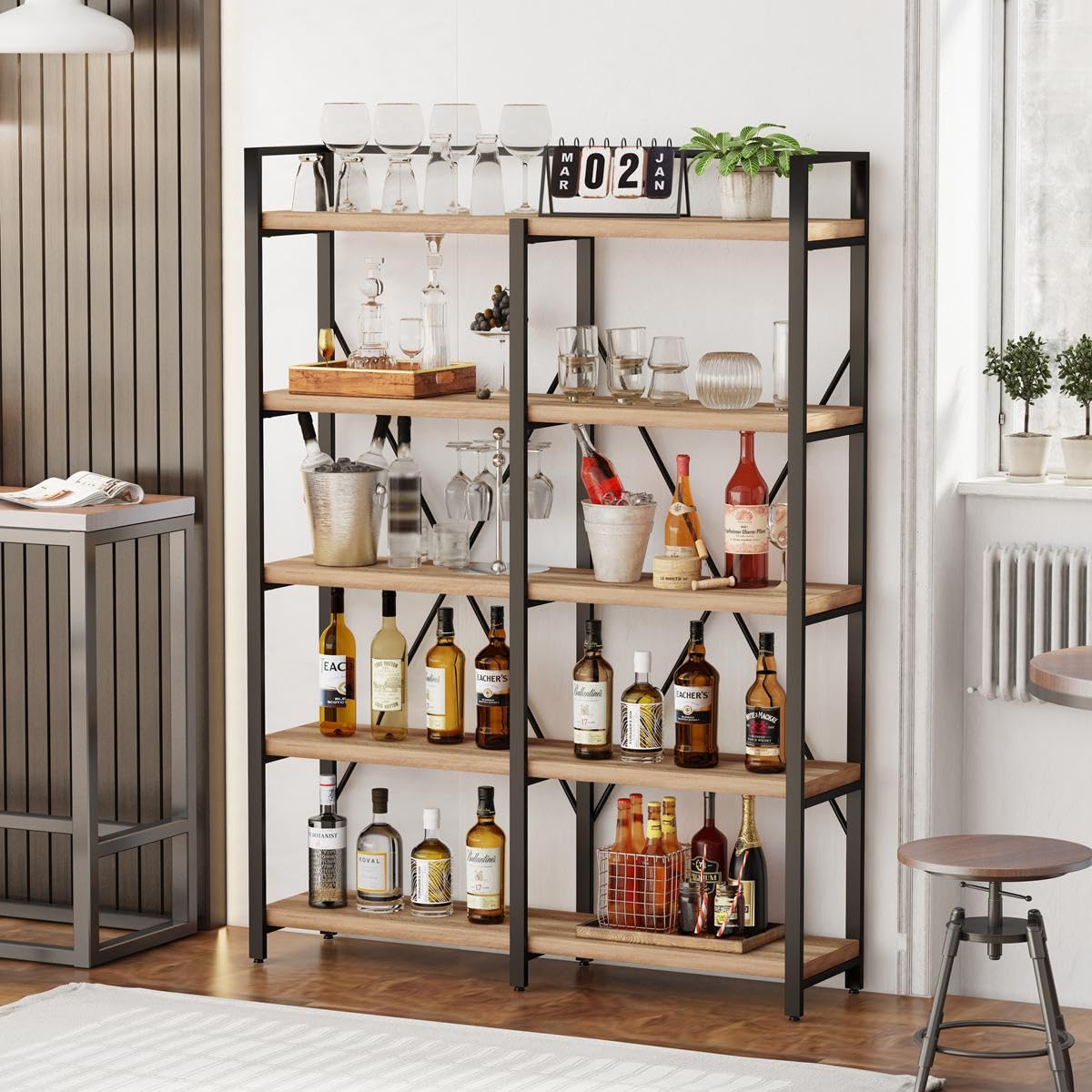 FATORRI Bookshelf, 5 Tier Industrial, Tall Etagere Bookcase, Rustic Wood and Metal Book Shelf with Large Open Shelving Unit for Home Office Living Room (Rustic Oak, 51 Inch Wide)