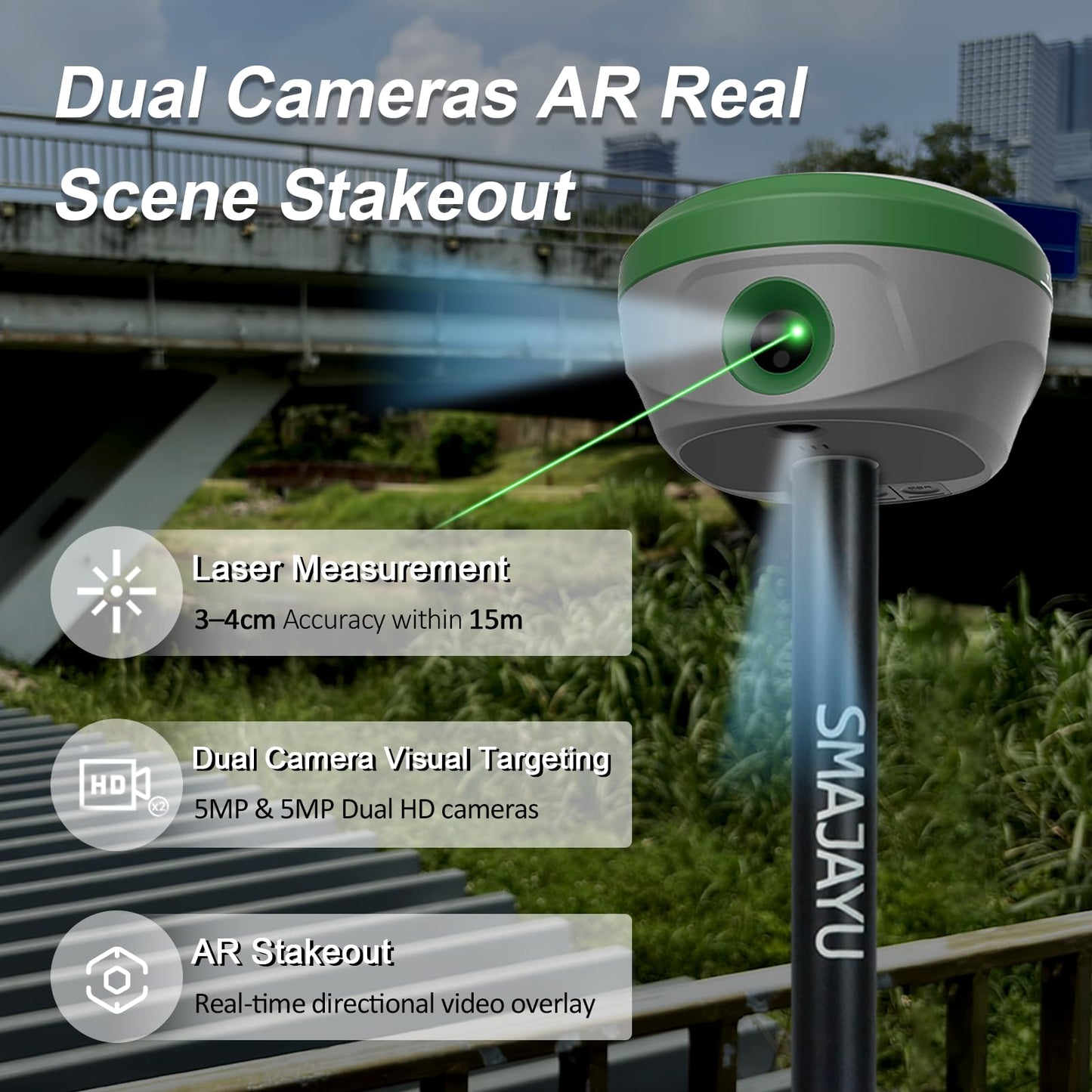 SMAJAYU SMA28H Laser RTK GNSS Rover with Collector, Permanent Software, Dual Cameras, AR Stakeout, Drone Base Station, 120° IMU, 30m Laser, 15km UHF, 2cm Accuracy, 4G NFC NTRIP