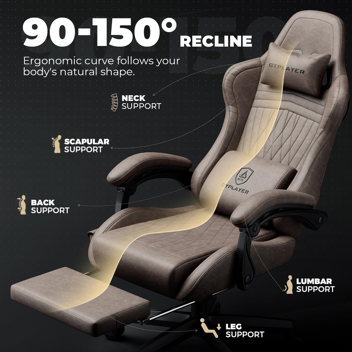 GTPLAYER ACE-PRO Music Gaming Chairs – Built-in Speakers, App Support & Bluetooth Control, Computer Game Chairs with Footrest for Adults, Ergonomic Reclining Silla, Linkage Armrest, Light Brown