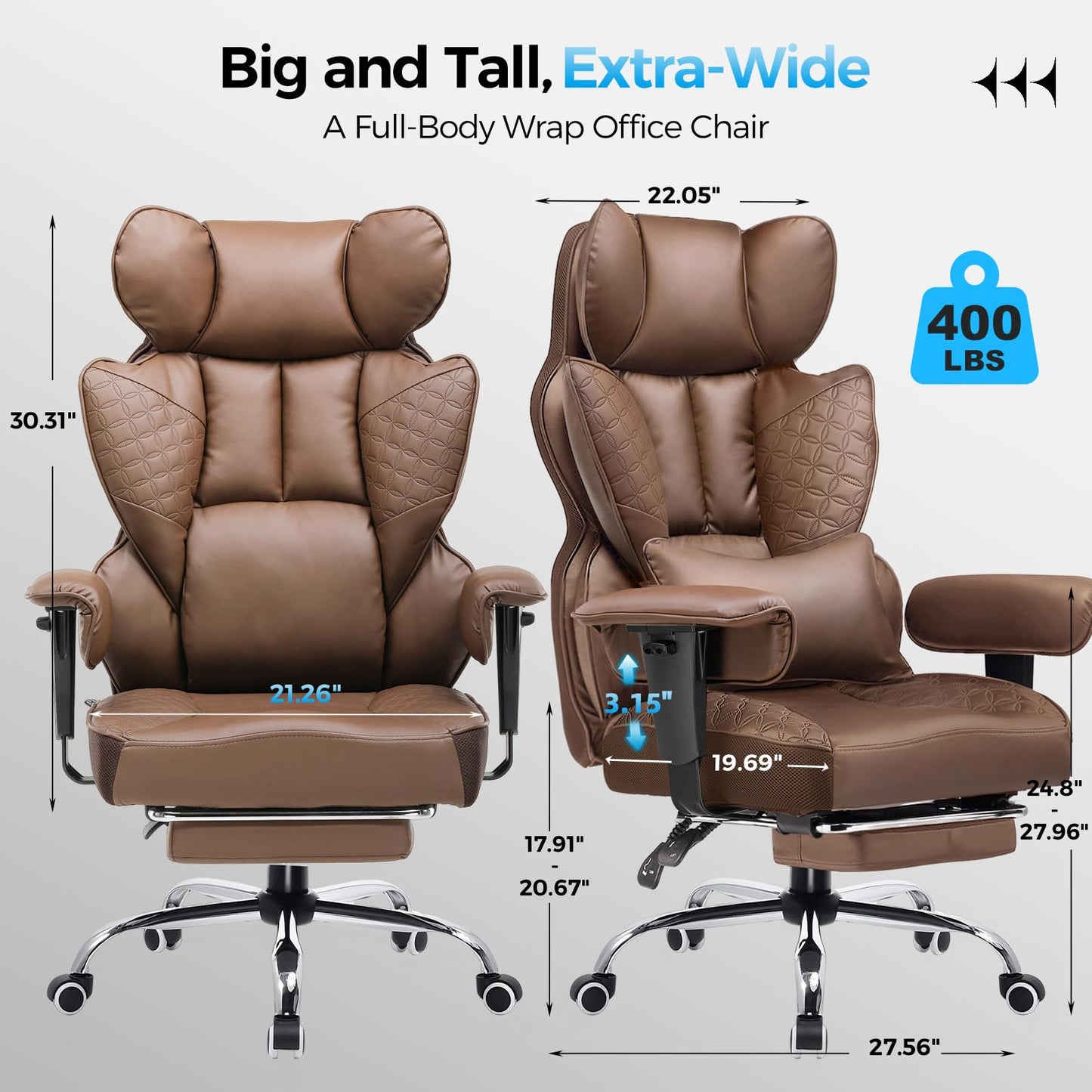 GTPLAYER Big and Tall Gaming Chair 400lbs Heavy Duty Office Chair with Foot Rest & Ergonomic Pocket Spring Lumbar Support, High Back 3D Saddle Shaped Cushion for Back Pain Relief, Brown