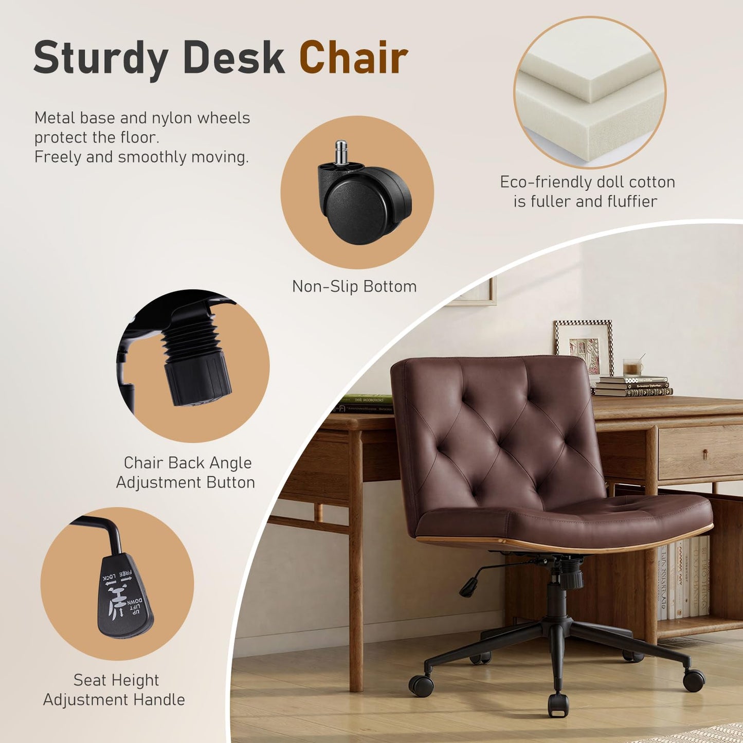Furnimart Heavy-Duty Curved FSC Wood Desk Chair 360° Swivel, Faux Leather Criss Cross Chair with Wheels Wide Seat, Comfy Armless Cross Legged Sitting for Bedroom, Office, Vanity (PU Brown)