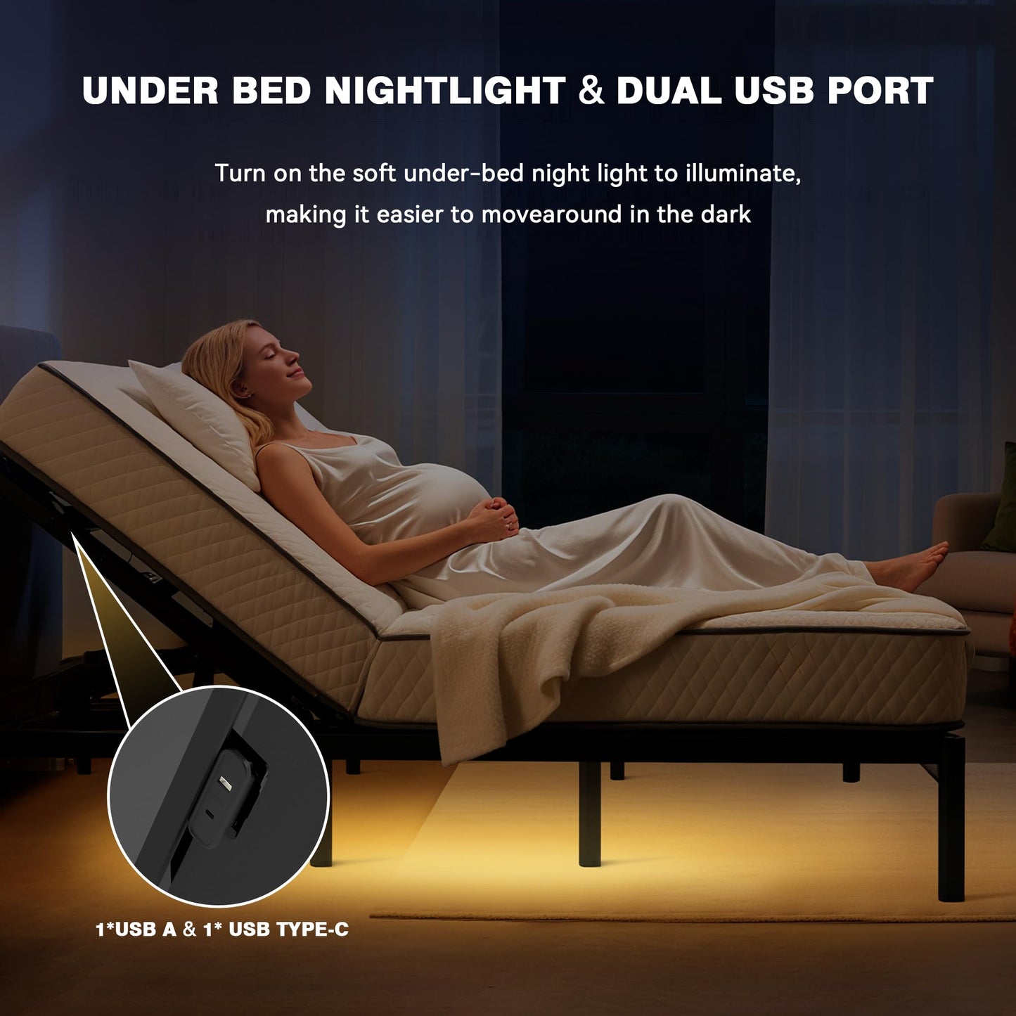 GM Ultra Queen Adjustable Bed Frame with Massage, Electric Bed Base with Head & Foot Incline, Wireless Remote, USB-A & USB-C Ports, LED Under-Bed Night Light, Height Adjustable Legs, Easy Assembly