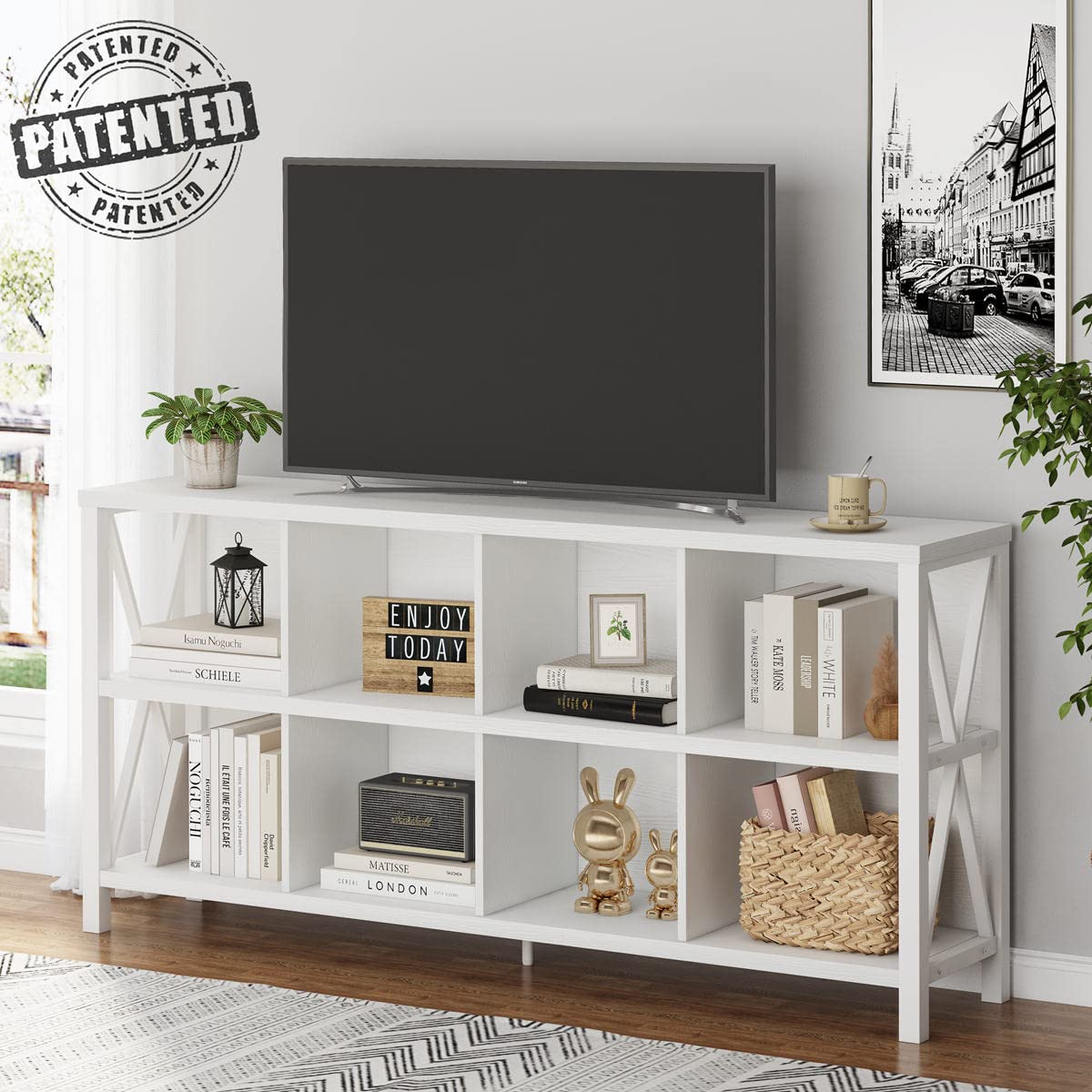 FATORRI 8 Cube Storage Organizer Bookshelf, 62 Inch Rustic Wood Horizontal Bookcase, Industrial Cube Long Book Shelf for Living Room (White Oak)