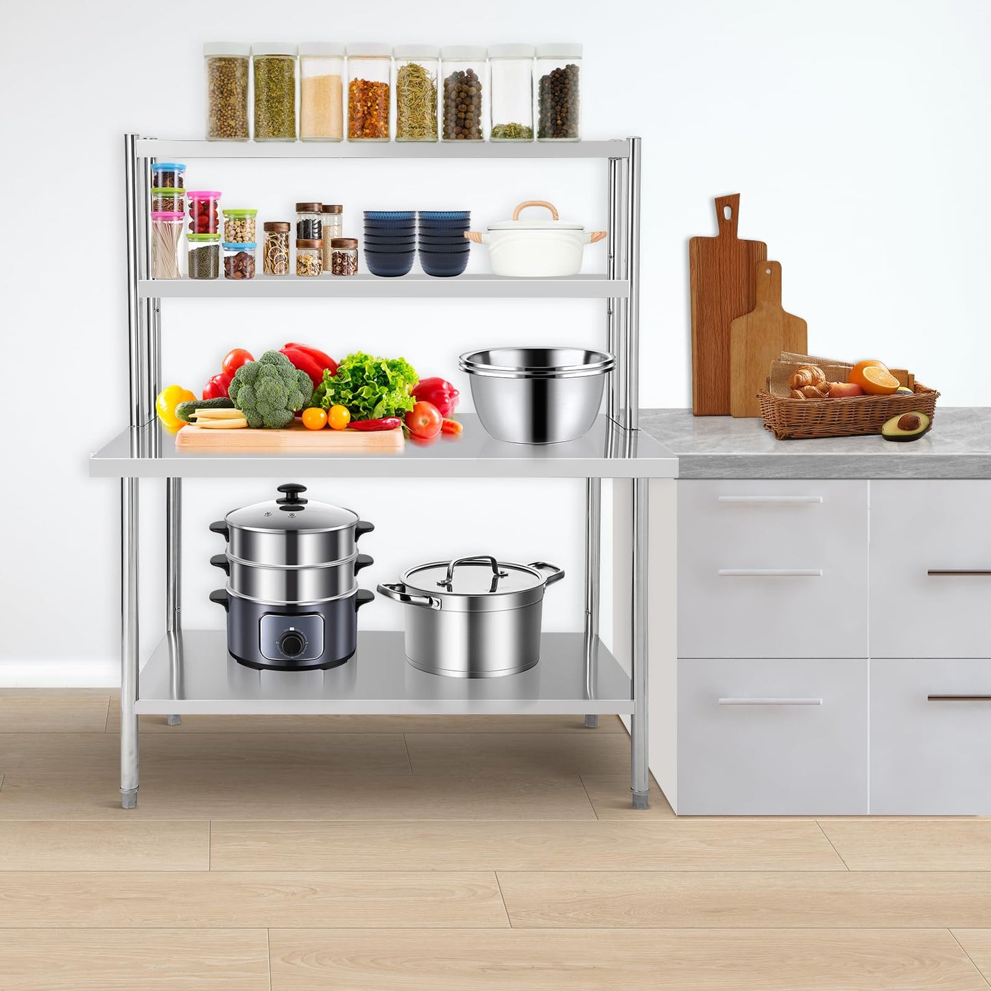 Patikuin Heavy Duty Stainless Steel Prep Table - Seamless Workbench with Adjustable Overshelves and Storage Shelf - Space-Saving Solution for Commercial Kitchen, Restaurant, Home, or Garage - 48x30in