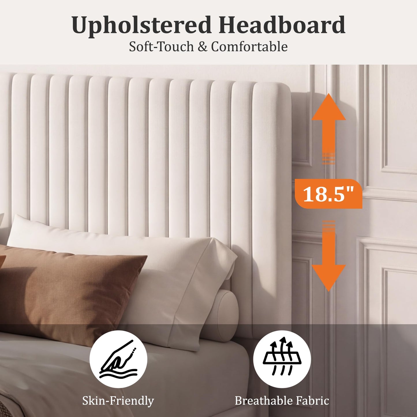 Erdoru Queen Size Velvet Upholstered Bed Frame with Headboard, Luxury Wooden Slat Support Platform Bed, Noise-Free Sturdy Low Profile Design, No Box Spring Needed, Easy to Assemble, White