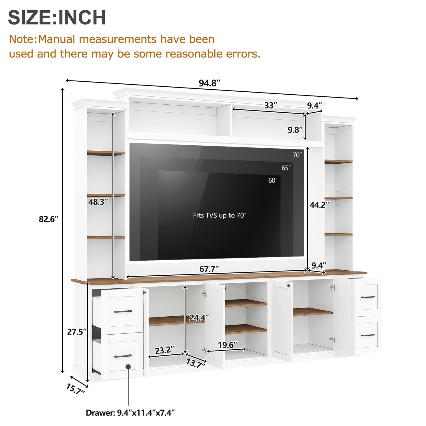 Merax 4-in-1 Wall Unit Entertainment Center with Bookshelf for TVs Up to 70", Farmhouse Large TV Stand with Walnut Adjustable Shelves, Elegant Retro Media Console with Drawers for Living Room, White
