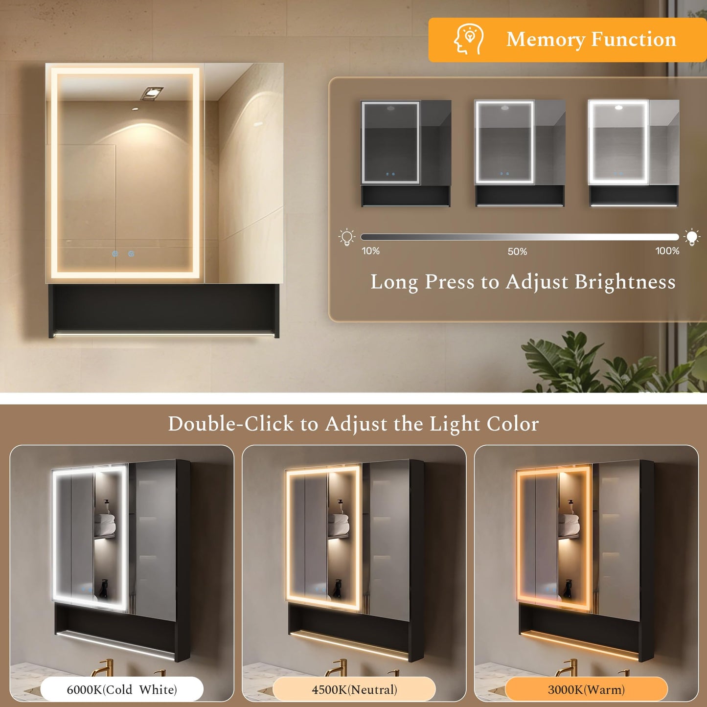 MIRROLIA 30"×34" LED Lighted Medicine Cabinet with Backlight, Adjustable Brightness 3 Color Temperature Lighting Anti-Fog Mirror 2 Socket & 2 USB Ports & Adjustable Shelf Wall Mounted