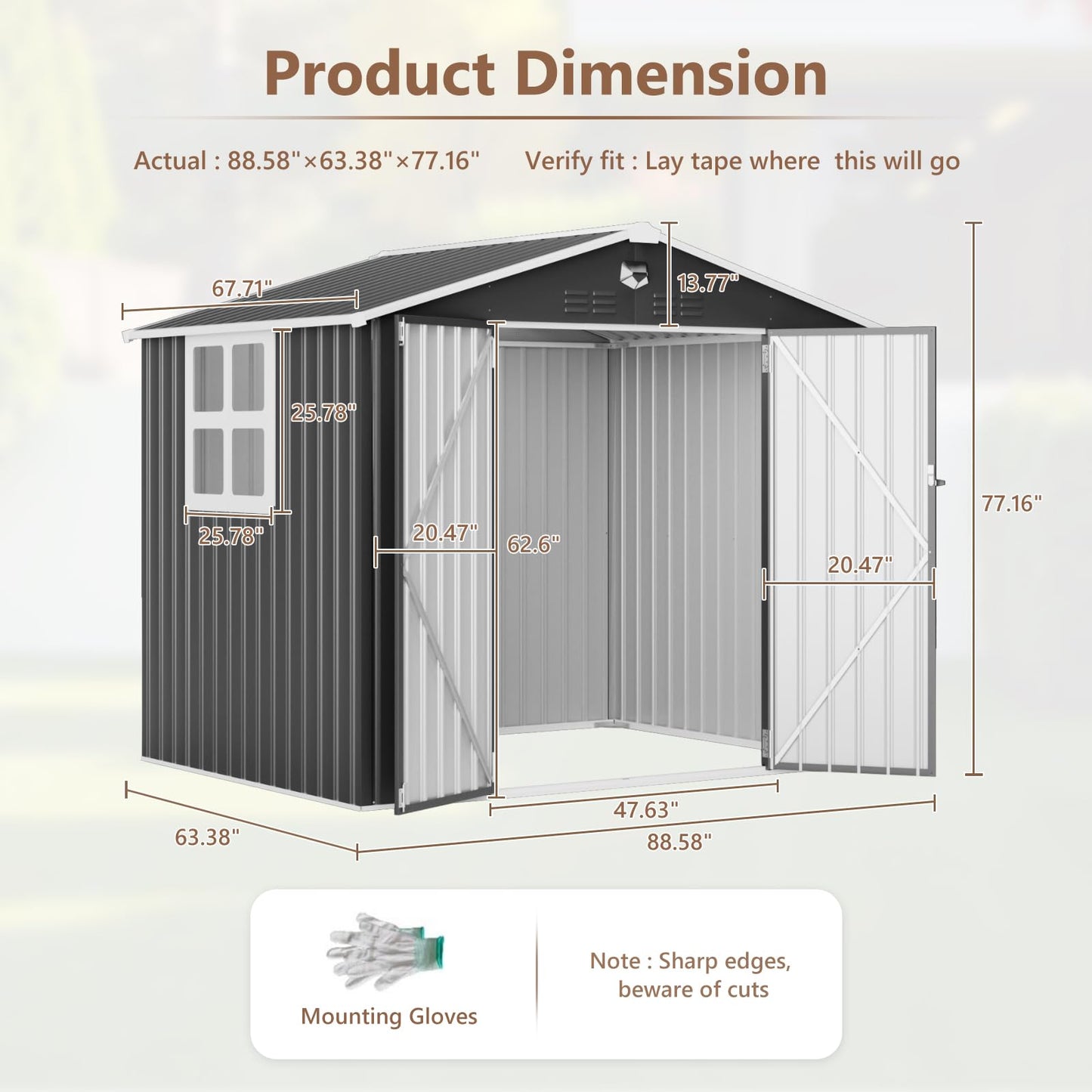 Softkiss 8x6 FT Outdoor Storage Shed, Metal Garden Shed - Tool Storage Sheds with Lockable Doors & 1 Clear Window, Waterproof Outside Storage Building for Backyard, Patio (Black; Floor Not Included)