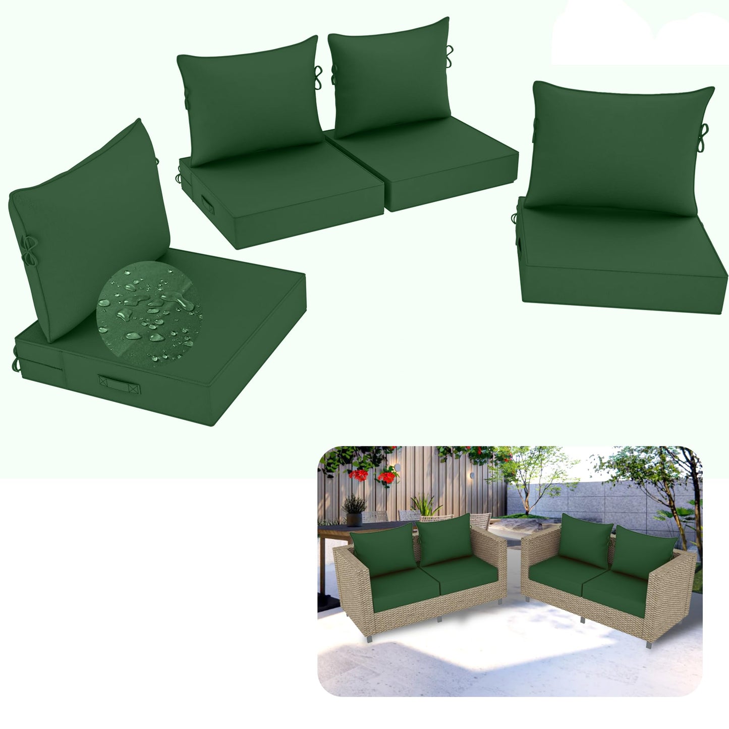 PZDJUMO Outdoor Chair Cushion, 19 x 19 Inch Waterproof Deep Seat Patio Cushions Set of 4, Loveseat Cushions for Outdoor Furniture, 4'' Thick Patio Furniture Cushion with Handle Straps, Dark Green