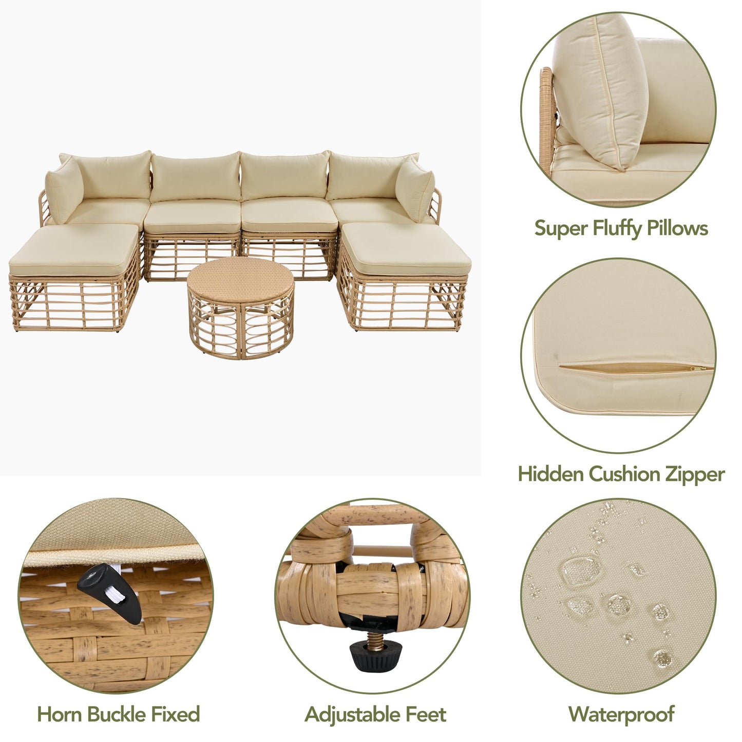 Merax 7 Pieces Rattan Outdoor Patio Furniture Set, All-Weather Sectional Sofa Set with Thick Cushions and Pillows, Freely Combined Conversation Sets for Garden Backyard Balcony (Brown)
