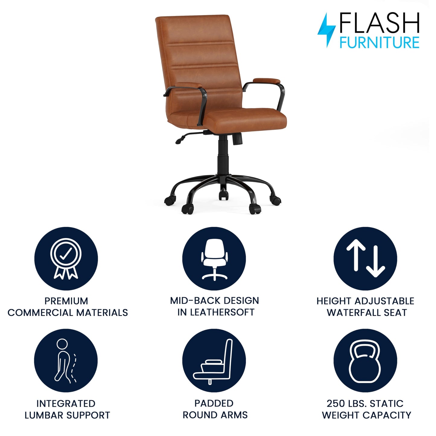 Flash Furniture Whitney Mid-Back Desk Chair - Brown LeatherSoft Executive Swivel Office Chair with Black Frame - Swivel Arm Chair