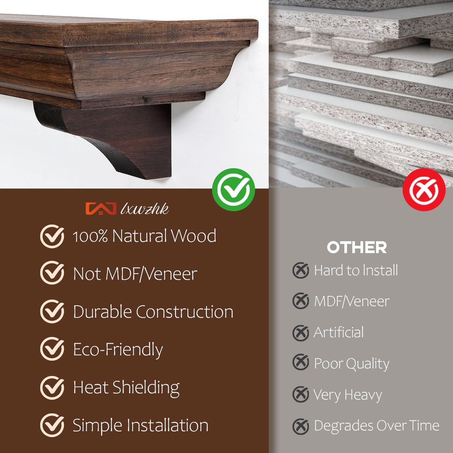 LXWZHK 72 Inch Fireplace Mantel Shelf with Corbels, Rustic Floating Shelf for Wall, Wooden Fireplace Mantle for TV Mounting & Living Room, Brown