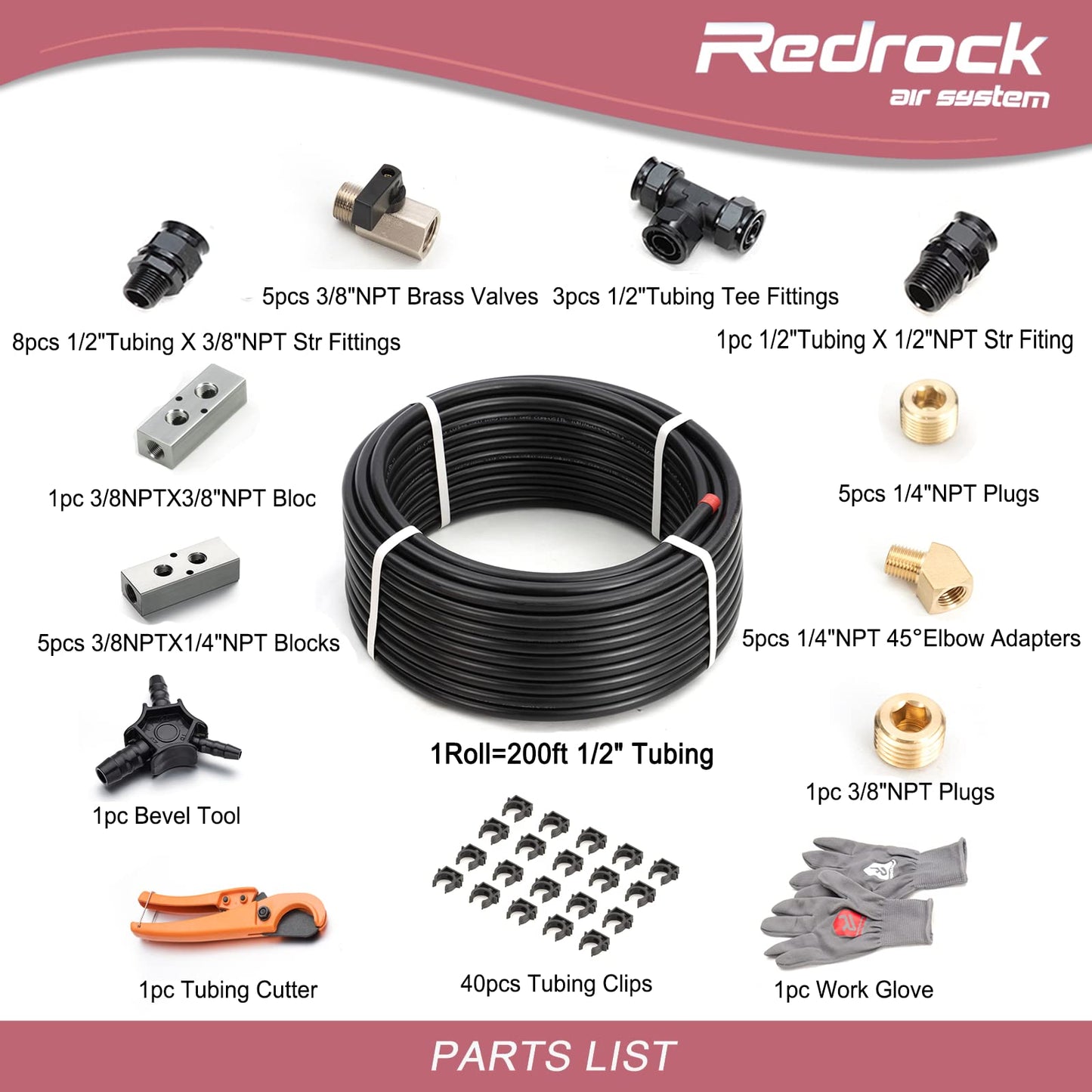 Redrock Performance Compressed Shop Air Line Kit 1/2" x 200ft, HDPE Aluminum Tubing Air Compressor Piping System for Garage Leak Proof & Easy to Install Black Air Hose 200PSI