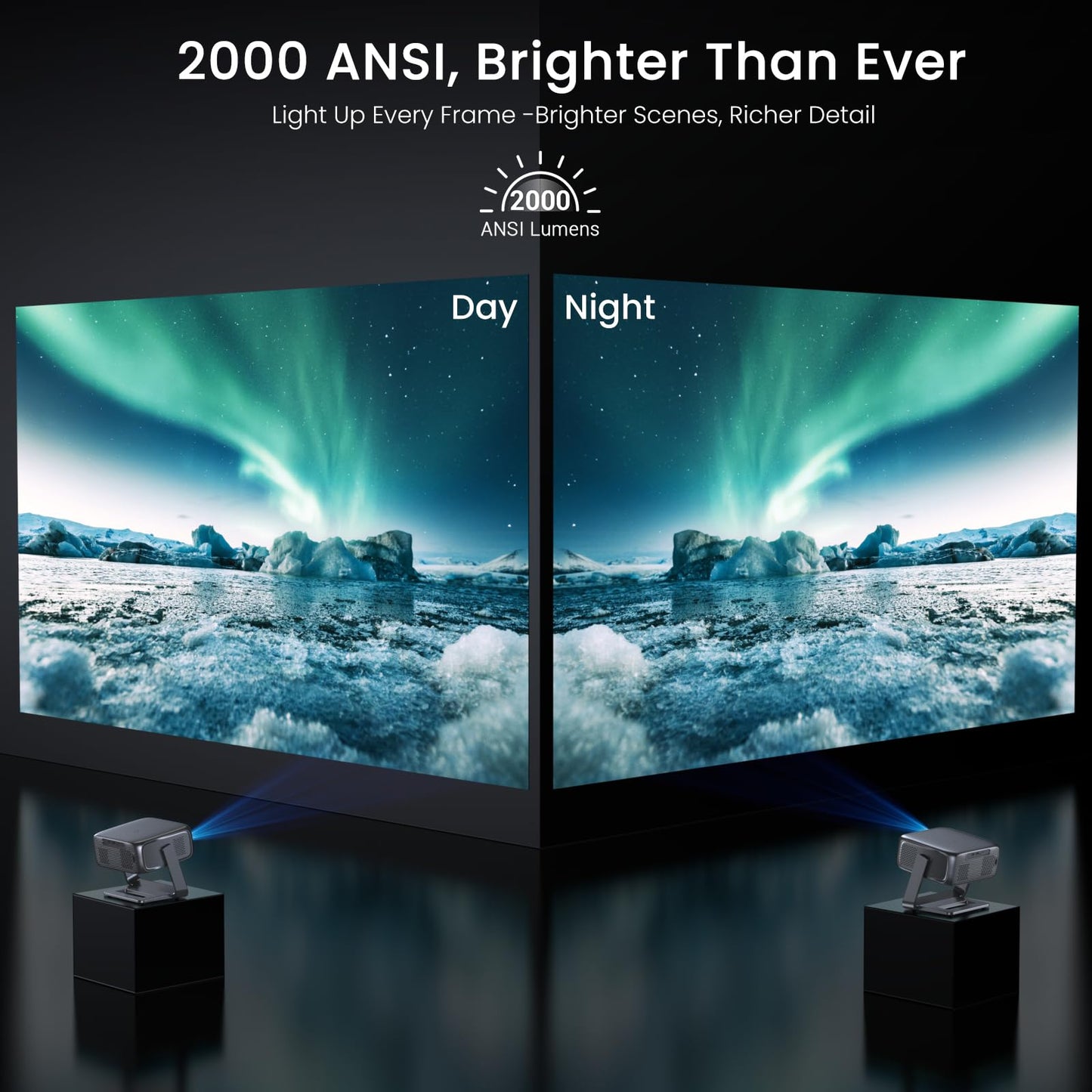2000 ANSI Official Licensed Google TV Outdoor Projector 4K Decoding, Smart Projector with Wifi and Bluetooth, Auto Focus, Dolby Sound, Built-in Apps, HAPPRUN Indoor Home Theater with 270° Stand