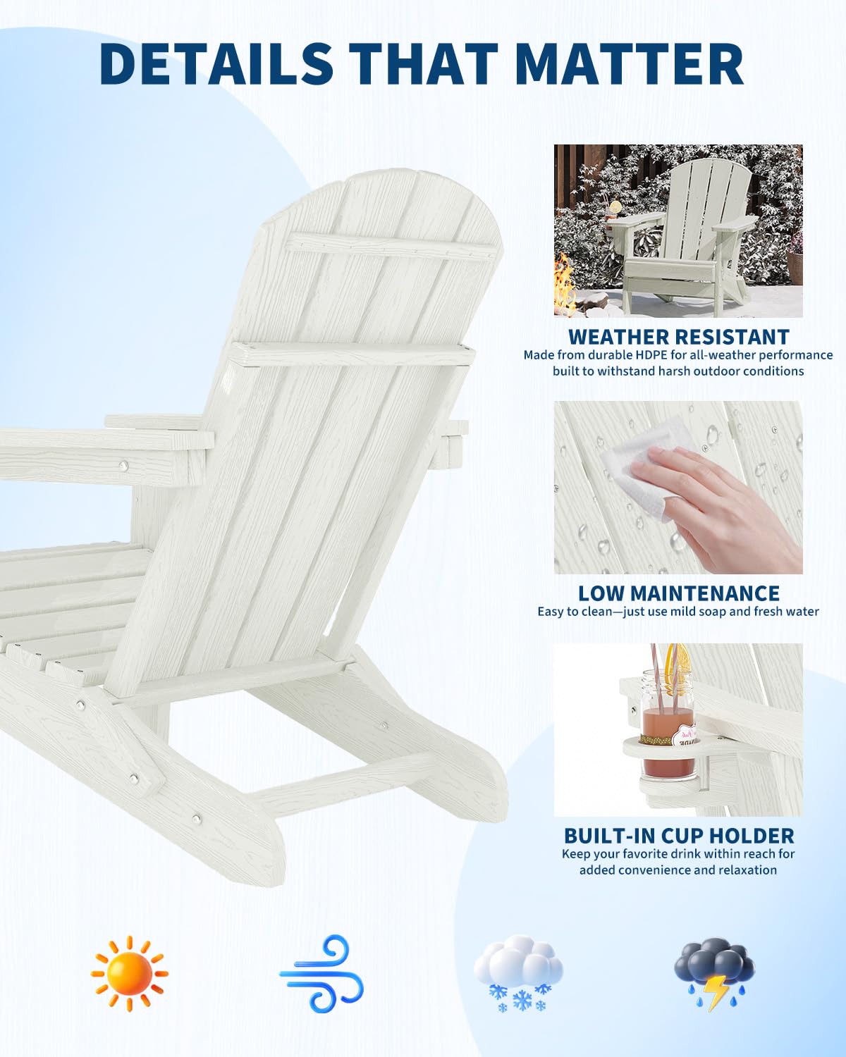 GarveeLife Folding Adirondack Chair Set of 4 with 2 Side Table, All-Weather HDPE Outdoor Chair, Wooden Textured with Cup Holder for patios, Decks, Gardens, fire pits, White