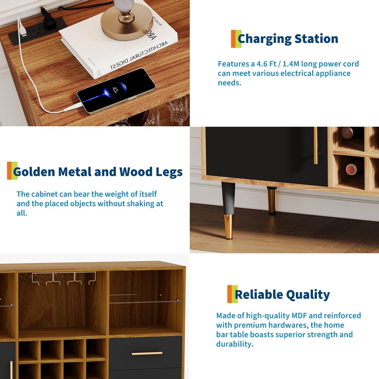 47 Inch Bar Cabinet with LED Lights & Charging Station, Modern Sideboard Buffet Cabinet with Storage Drawers, Wine Rack & Doors, Coffee Bar Table for Living Room, Dining Room, Home- Wood & Black