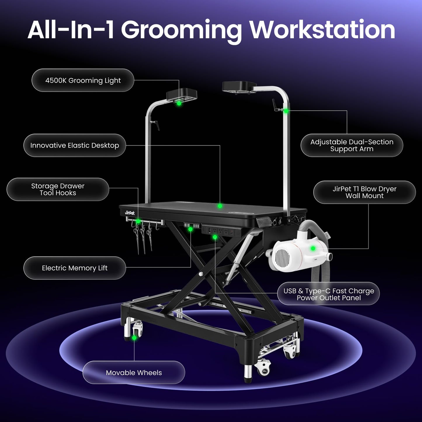 JirPet Dog Grooming Table for Large Dogs, Electric Lift with Memory Function, 46″ Professional Grooming Table with Strong Stability, Power Outlet, Grooming Light, and Wheels for Easy Mobility