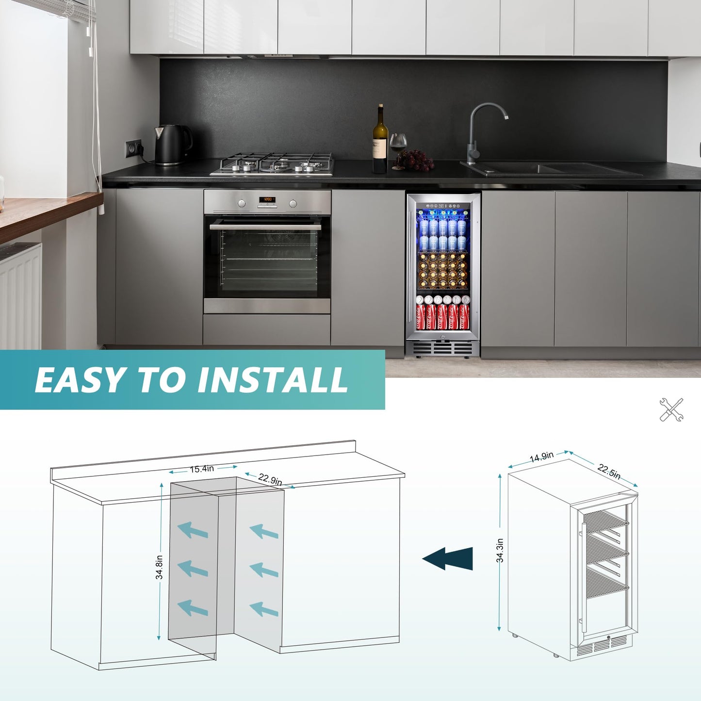 EUHOMY 15 Inch Beverage Refrigerator Cooler Under Counter 127 Cans Beverage Fridge Built-in or Freestanding with Glass Door, LED Light, Beer Fridge for Soda, Water, Wine - Home Kitchen Bar.