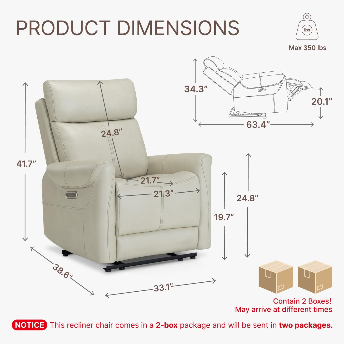 KISLOT Leather Recliner Chair Set of 2, Wall Hugger RV Recliners with USB Charging Ports Electric Power Reclining Sofa for Living Room Home Theater Seating Bedroom