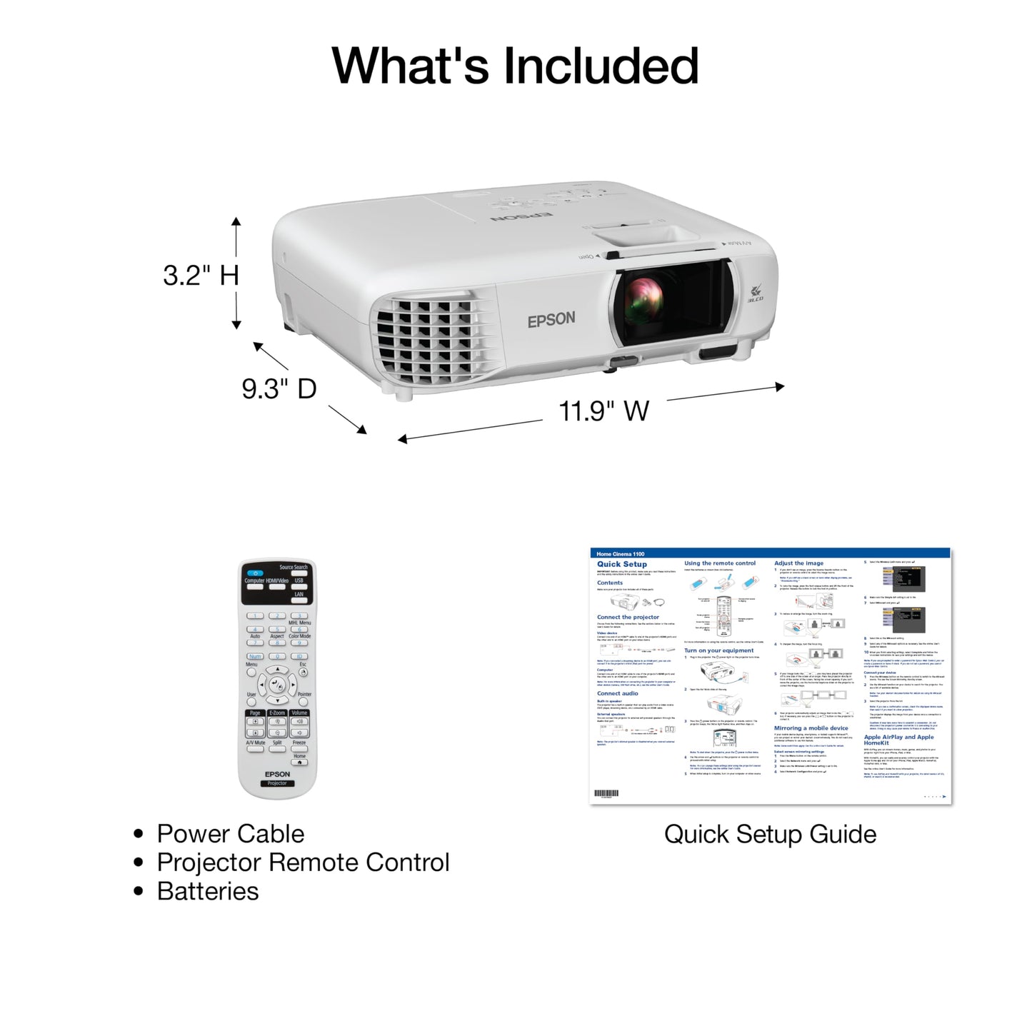 Epson Home Cinema 1100 3-Chip 3LCD Wireless 1080p Projector, Streaming with Apple AirPlay, Miracast, Home Theater/Gaming, 3,400 Lumens Color and White Brightness, Speaker, 16000:1 Contrast, 2X HDMI