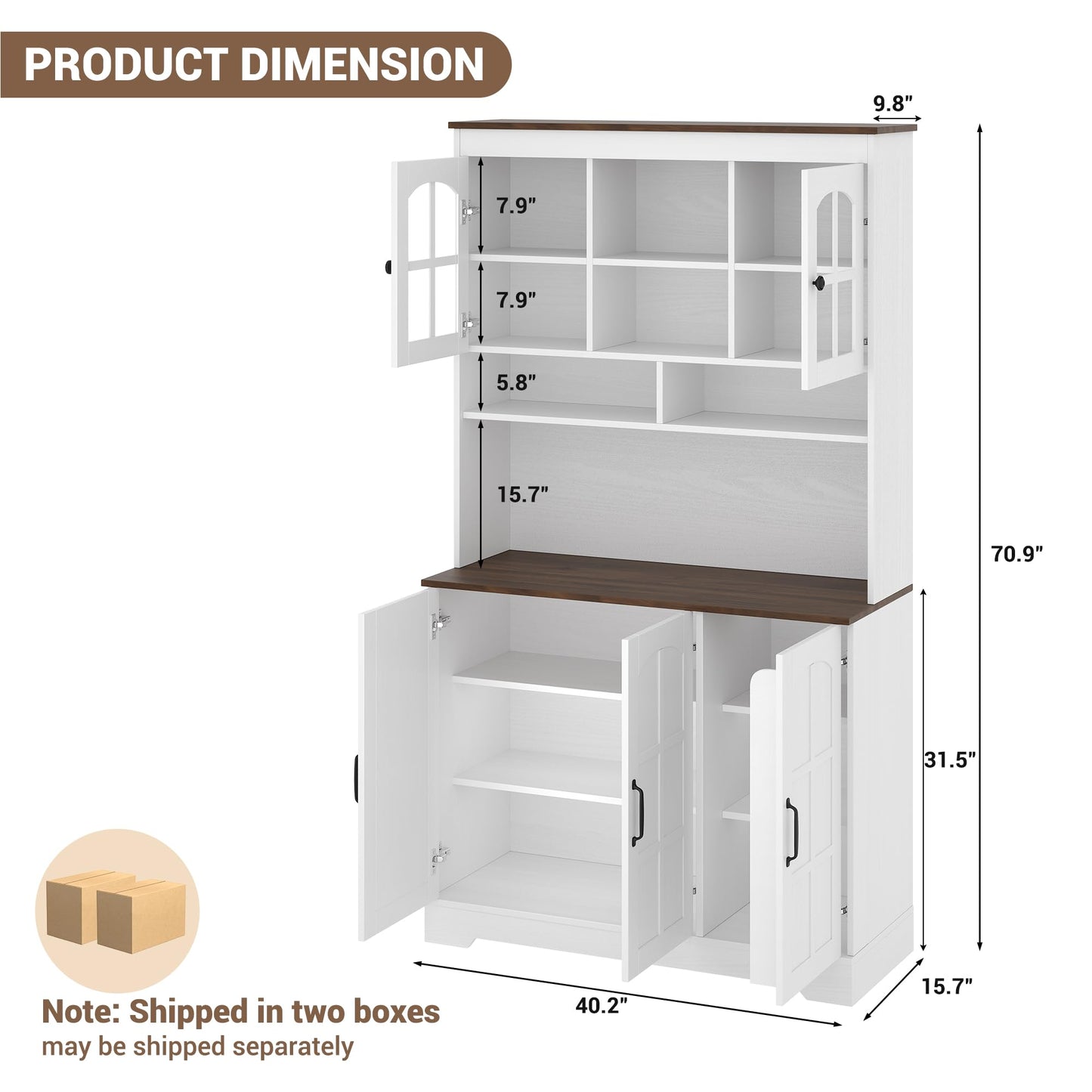 IDEALHOUSE Pantry Cabinet, 70.9 Inch Kitchen Cabinet with Glass Doors, Tall Kitchen Pantry Storage Cabinet with Hutch