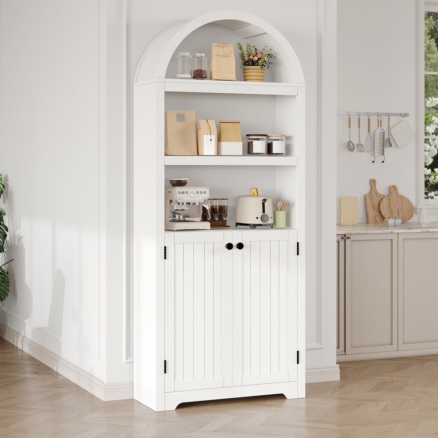 71.6" Arched Storage Cabinet with Adjustable Shelves & 2 Doors, Farmhouse 6-Tier Bookcase, Kitchen Pantry Display Shelf for Living Room and Dining Area Organization, White