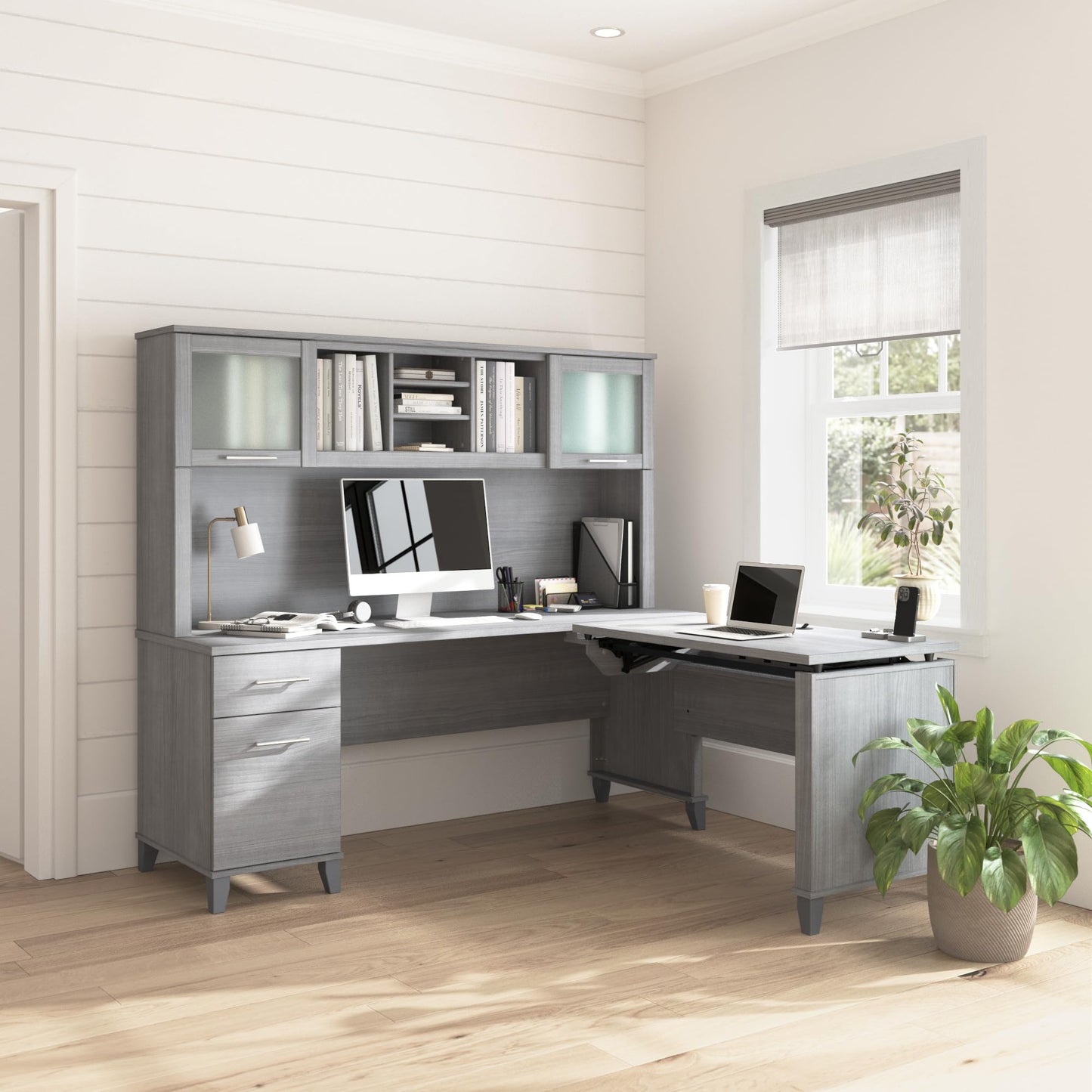 Bush Home 72-Inch L-Shaped Sit to Stand Desk with Hutch, Adjustable Height Standing Corner Computer Desk with Drawers, Shelves and Storage Cabinet, Home Office, Somerset Collection, Platinum Gray