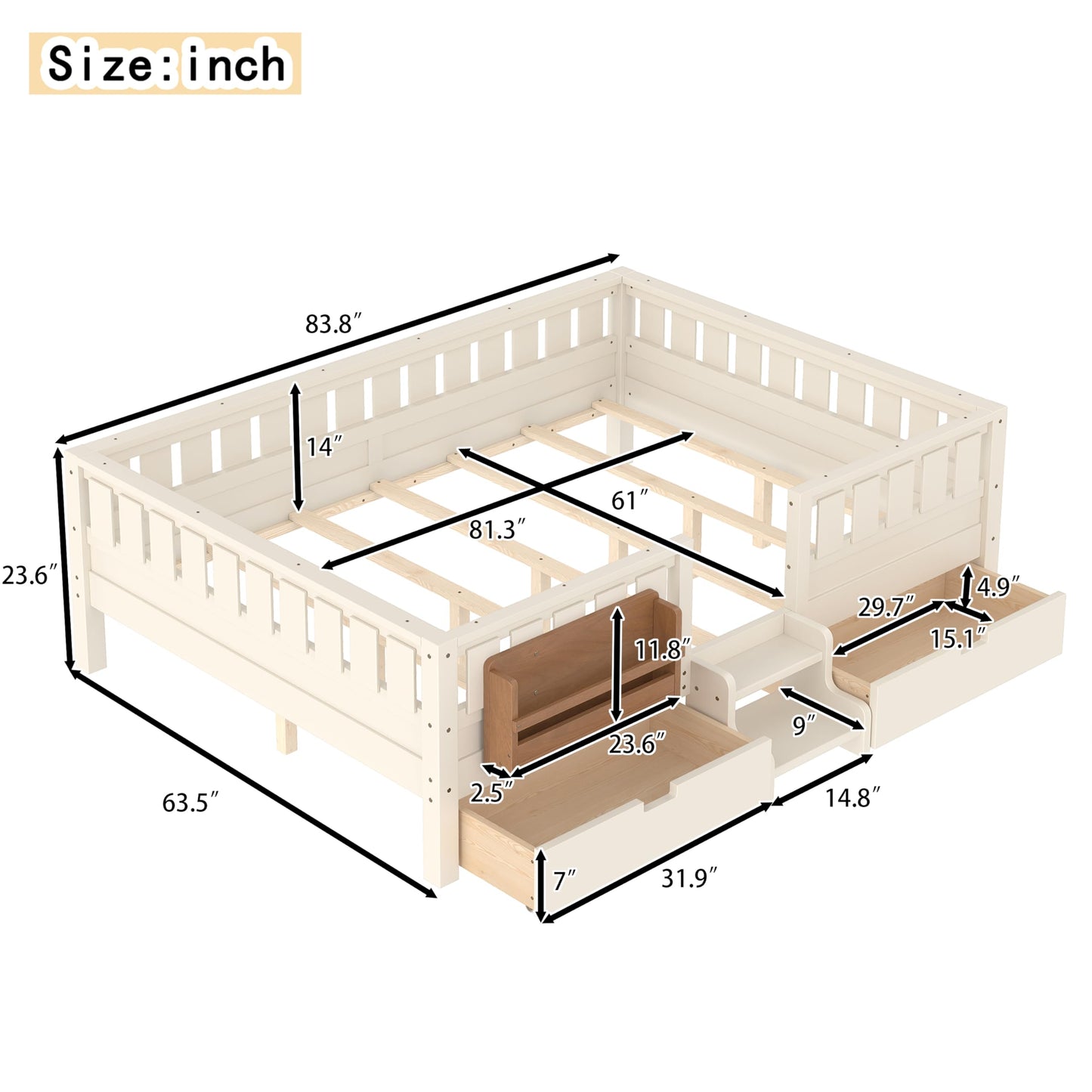 Queen Platform Bed with Storage Drawers and Bookshelves, Kids Platform Bed Frame with Low-profile Stairs and Full-length Guardrails, Queen Bed Frame for Boys, Girls, No Box Spring Needed, Beige