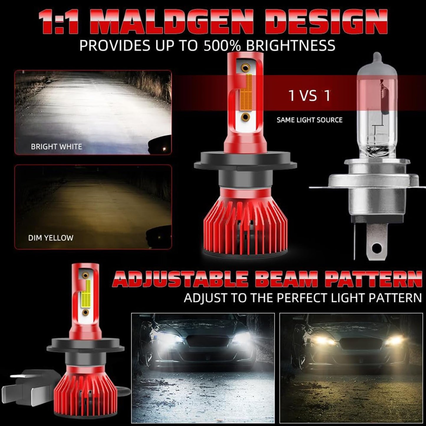 qobsos LED Bulbs 9003/H4 & H11 Fog Lights 20000LM 6000K White Standard Size Red V6H4011 Pack of 4 for Honda Ridg
