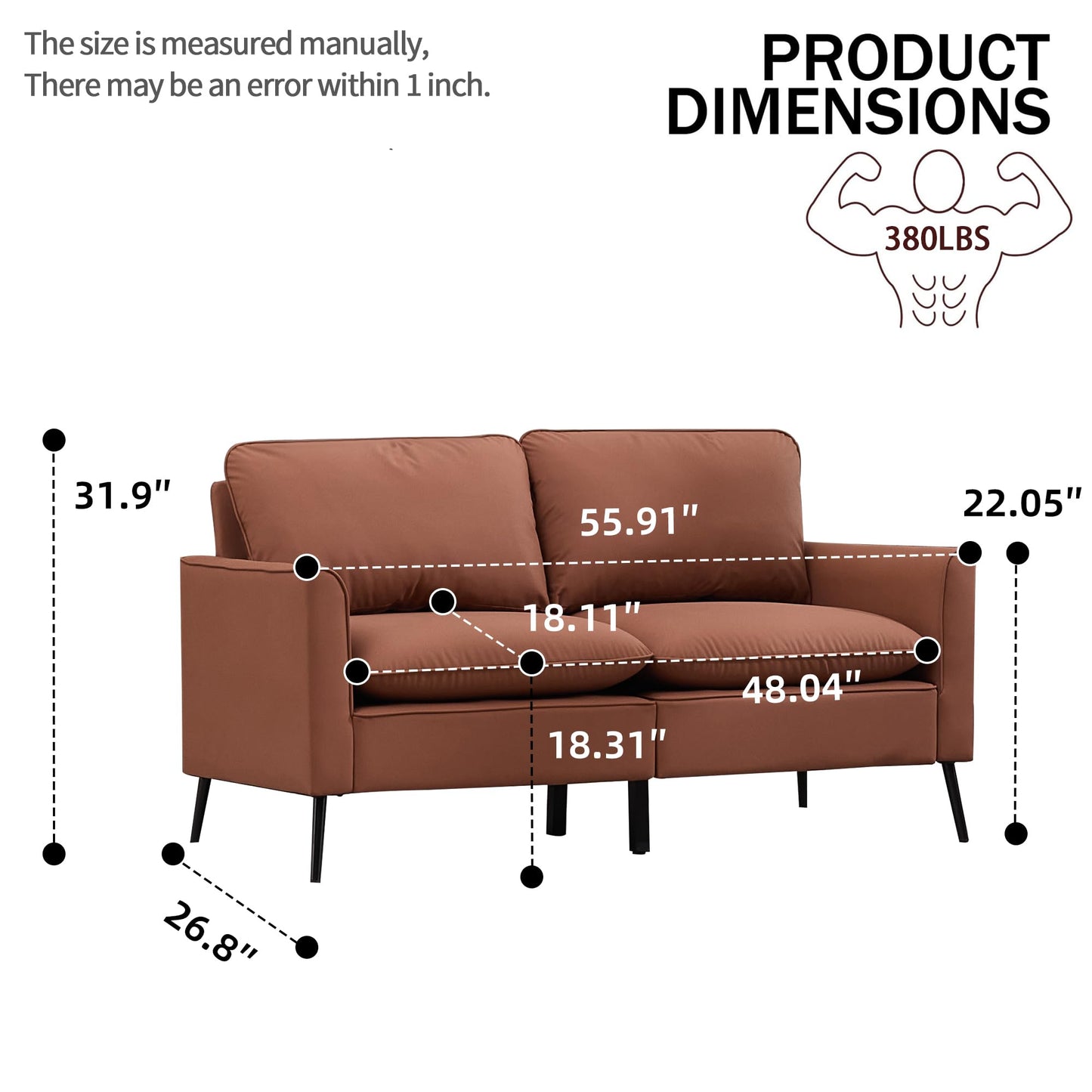 KEIKI Faux Leather Loveseat, Mid Century Modern Comfy Sofa Couch, Mini Deep Seat 2-Seater Settee Loveseat Couches for Office Living Room Bedroom Apartment Dorm Small Space, Brown