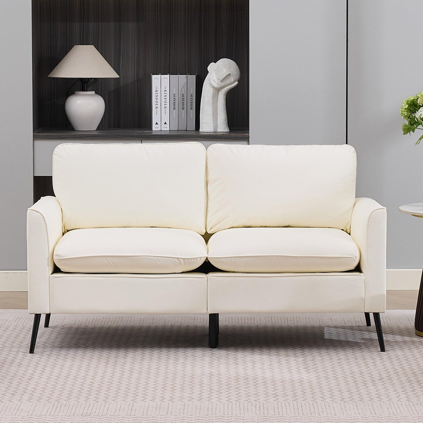 KEIKI Faux Leather Loveseat, Mid Century Modern Comfy Sofa Couch, Mini Deep Seat 2-Seater Settee Loveseat Couches for Office Living Room Bedroom Apartment Dorm Small Space, Cream White
