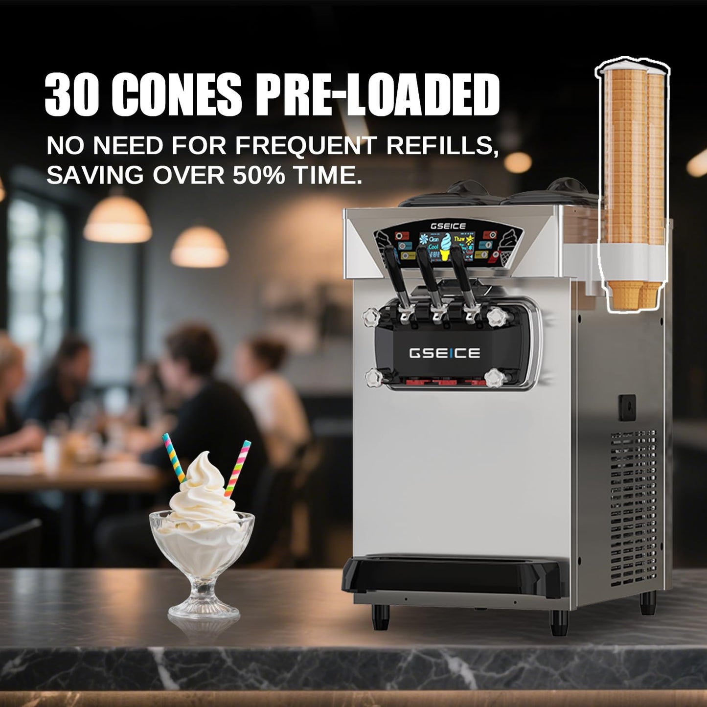 Commercial Ice Cream Maker, 6.8-8.4 Gal/H, 2 * 8L Hopper 110V Countertop Soft Serve Ice Cream Machine, 3 Flavors Puffing Alarm Pre-Cooling For Shops Cafes Dessert Stores, Auto Clean & Touch Screen