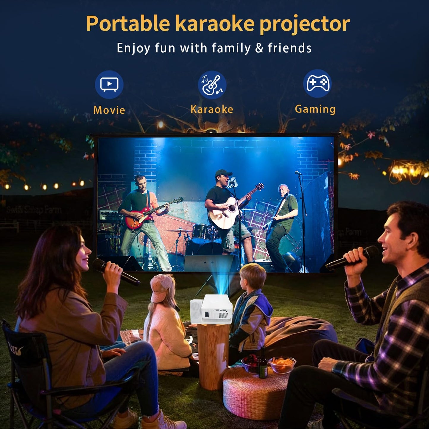 LERMAYAL Smart Projector with WiFi and Bluetooth, 3-in-1 Karaoke Speaker & Movie Projector, Native 1080P/4K Support, Electric Focus & Auto Keystone, Portable Outdoor Projector for Home Ceiling Theater