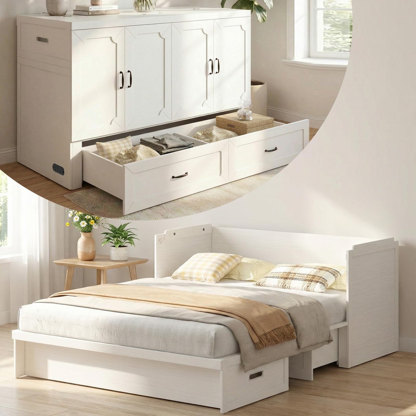 CECER Queen Size Murphy Bed with Mattress Included，Murphy Cabinet Bed Queen with Charging Station ＆ Storage Drawer for Small Spaces/Guest Room（White）