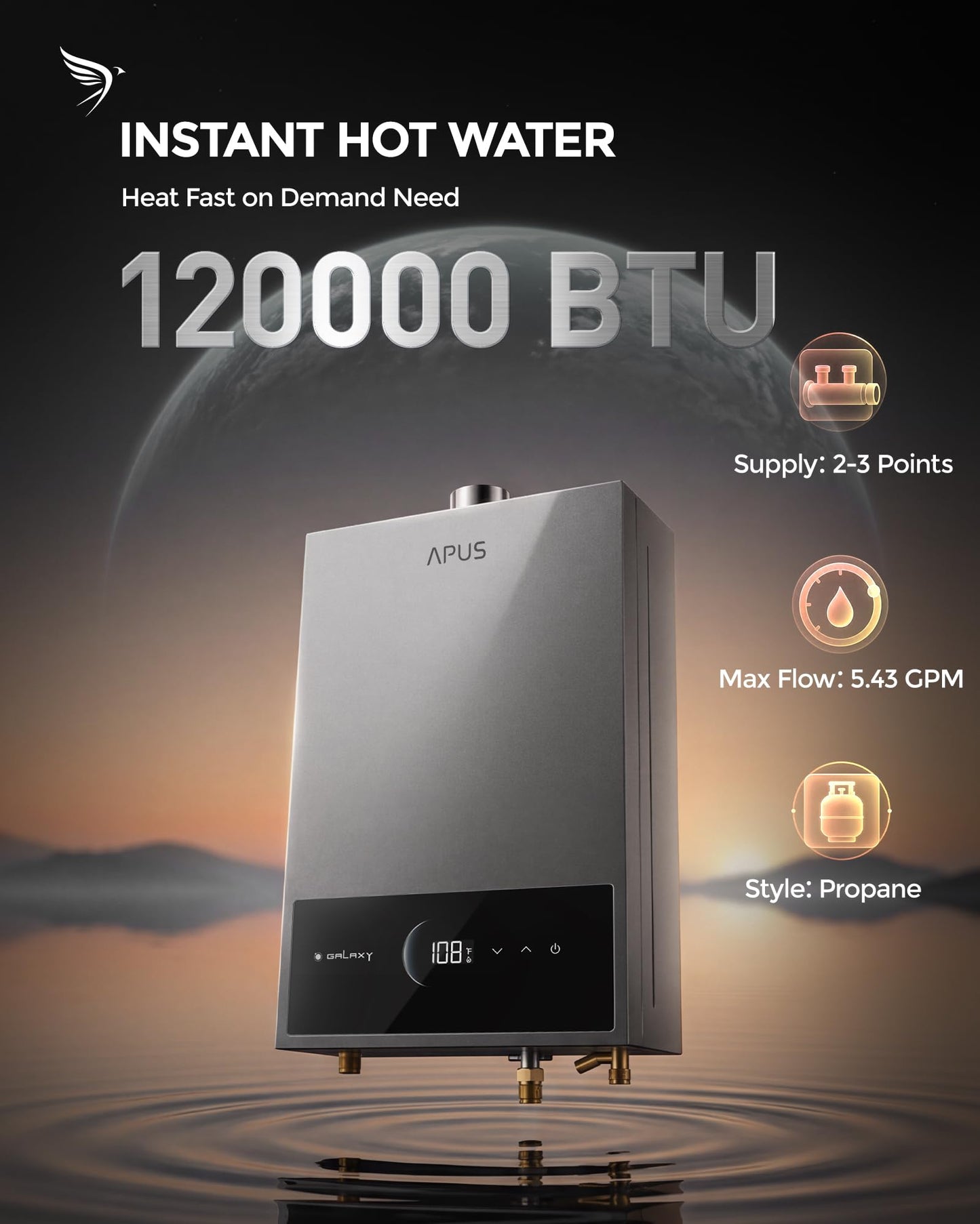 APUS Tankless Water Heater Propane Gas, Up to 5.43 GPM, Indoor Hot Water Heater, 120,000 BTU on Demand Instant Hot Water Heaters with Smart Digital Display, Space Gray