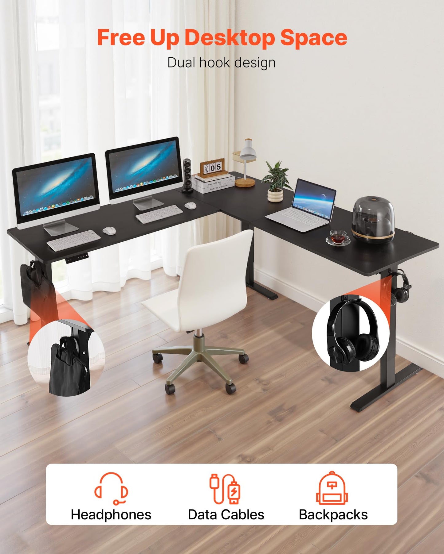 VEVOR L Shaped Standing Desk 71 x 71 inch, 3 Memory Height Adjustable, Electric Corner Standing Desk with Dual Motor, 2 Hooks & Cable Hole, Heavy Duty Carbon Steel Sit Stand Computer Workstation Table
