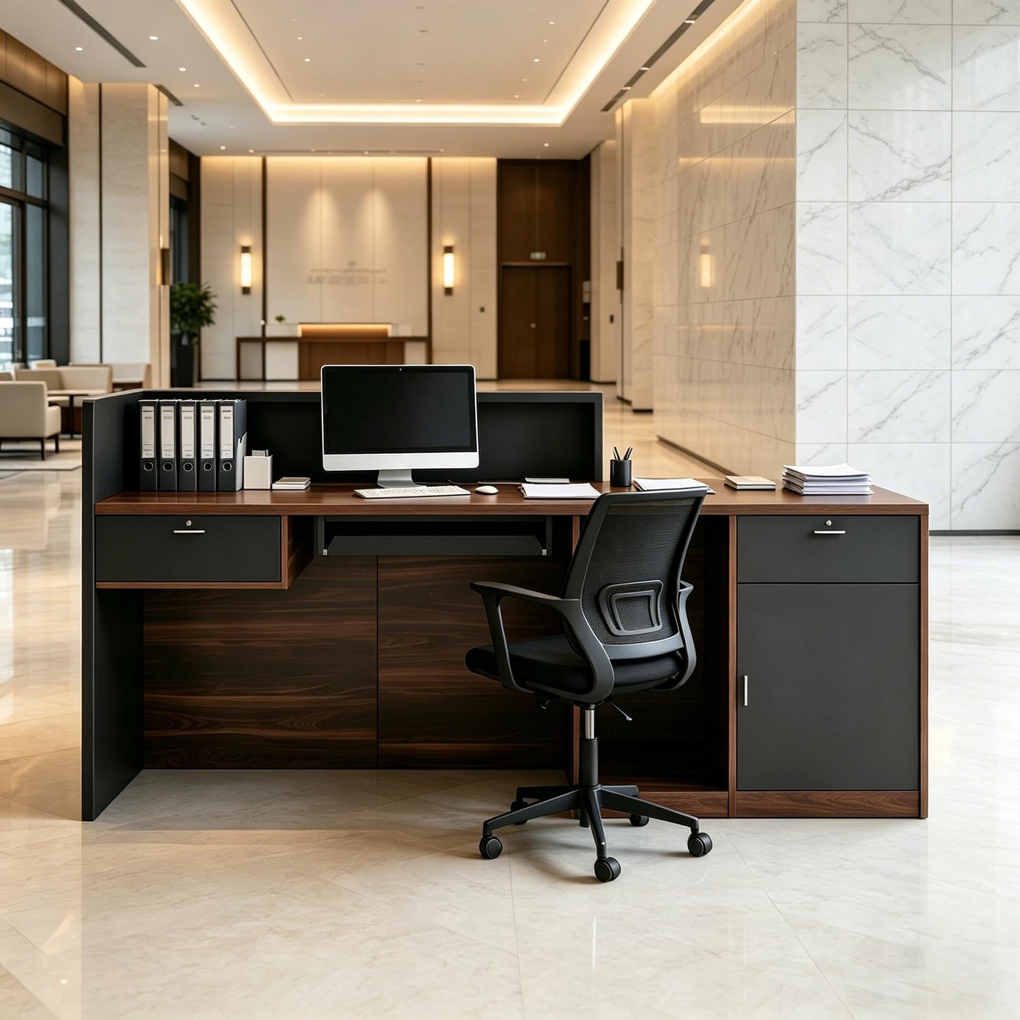 L-Shaped Reception Desk with Counter & Wireless Charging, 1-Inch Thick Board, Lockable Drawers & Keyboard Tray, Heavy-Duty Front Desk for Office, Salon, Hotel & Clinic, Black & Walnut, 71 Inch