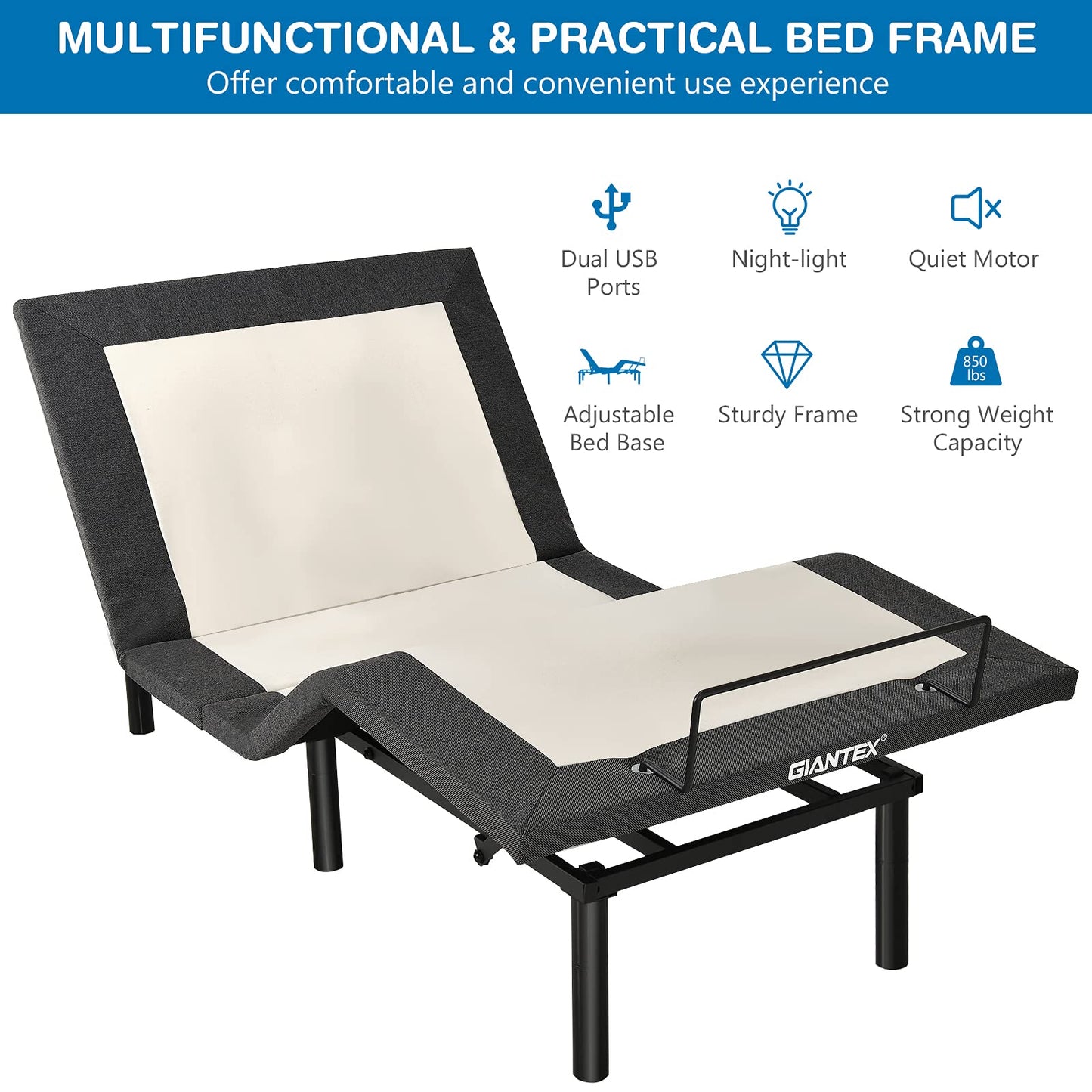 Giantex Adjustable Bed Base with Remote, Zero Gravity Electric Adjustable Bed w/Head and Foot Incline, Vibration Massage, USB Ports, Under-Bed Nightlight, Preset & Memory Positions (Twin-XL)