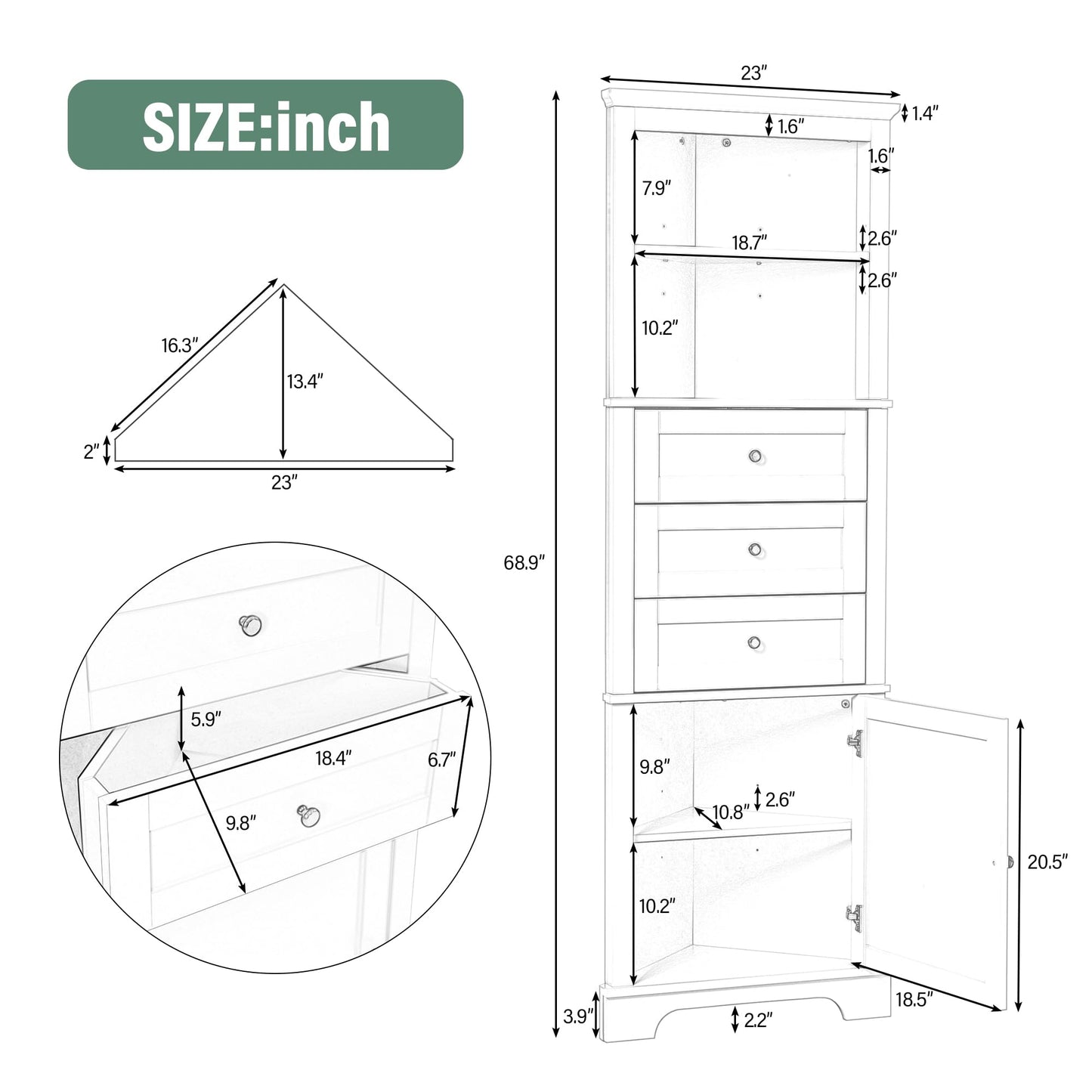 Storage Corner Cabinet with 3 Drawers and Door, Tall Line Pantry Home Space Saver for Bathroom, Living Room, Kitchen, Adjustable Shelf, Black