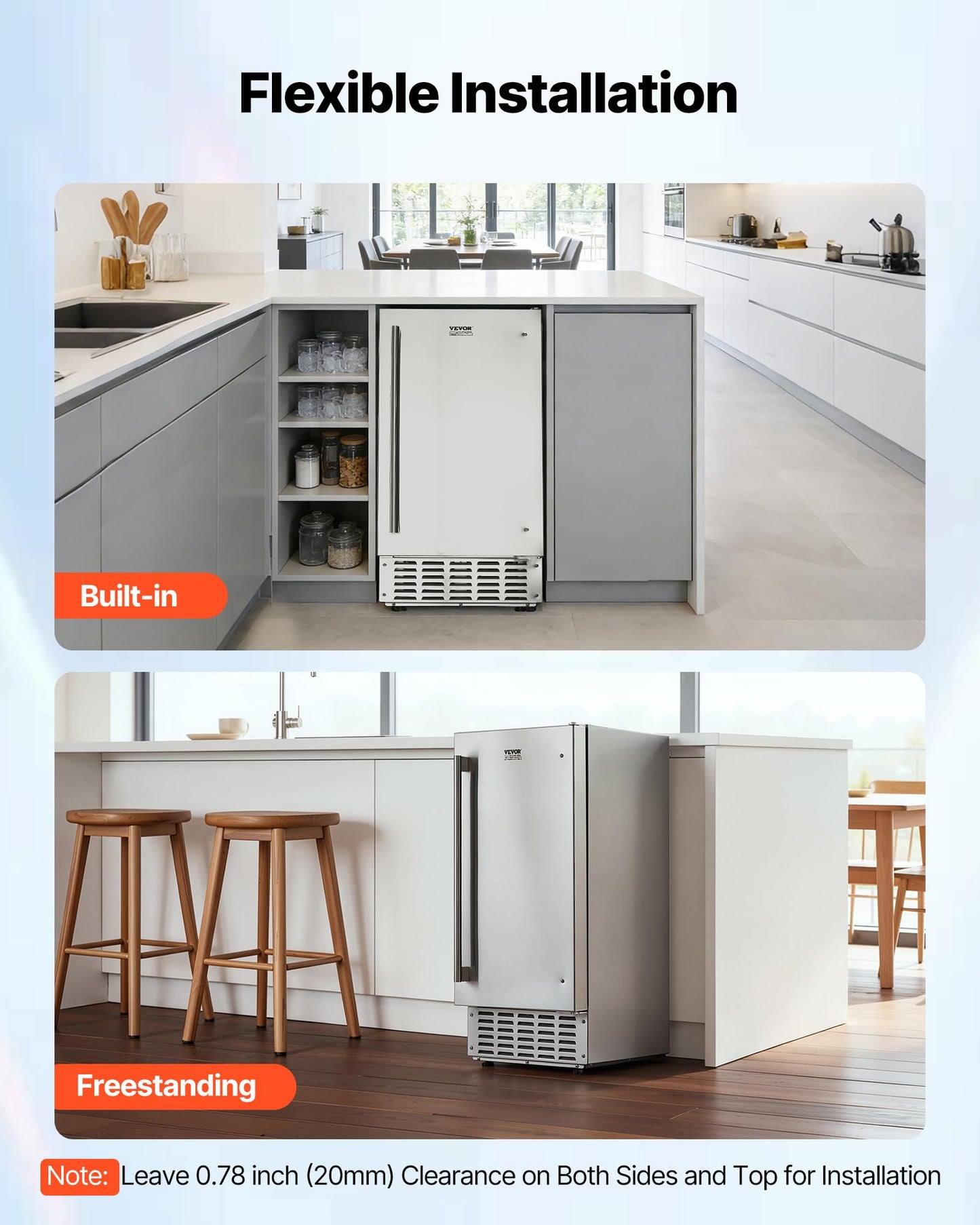 VEVOR Undercounter Built-in Ice Maker, 66 Lbs/Day Under Counter Nugget Ice Maker Machine with Reversible Door, Stainless Steel Freestanding Ice Maker for Commercial Home Kitchen, Electric Drainage