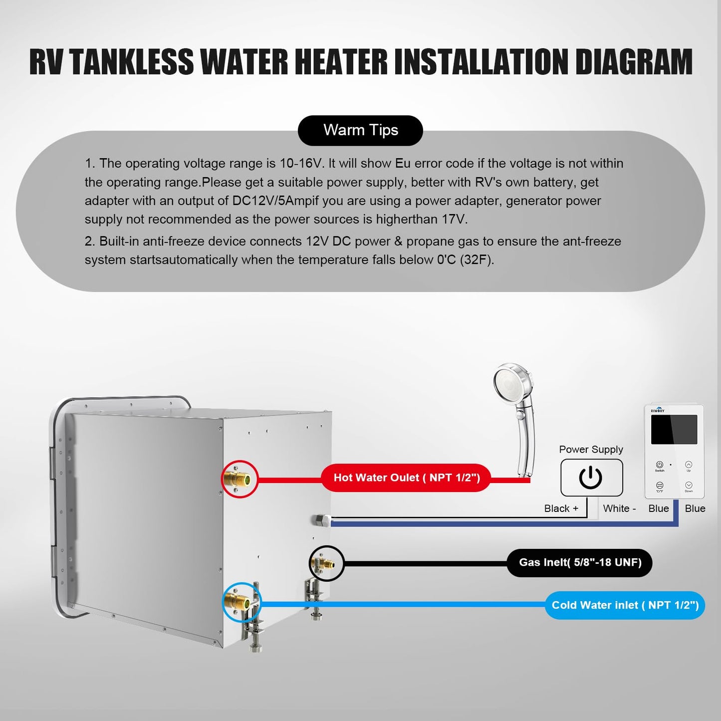 RIWORY 65,000 BTU 18x18 RV Tankless Water Heater Propane, 3.9GPM Tankless RV Water Heater with Outdoor Water Outlet, DC 12V Anti-Freezing Protection RV Camper Instant Hot Water Heater